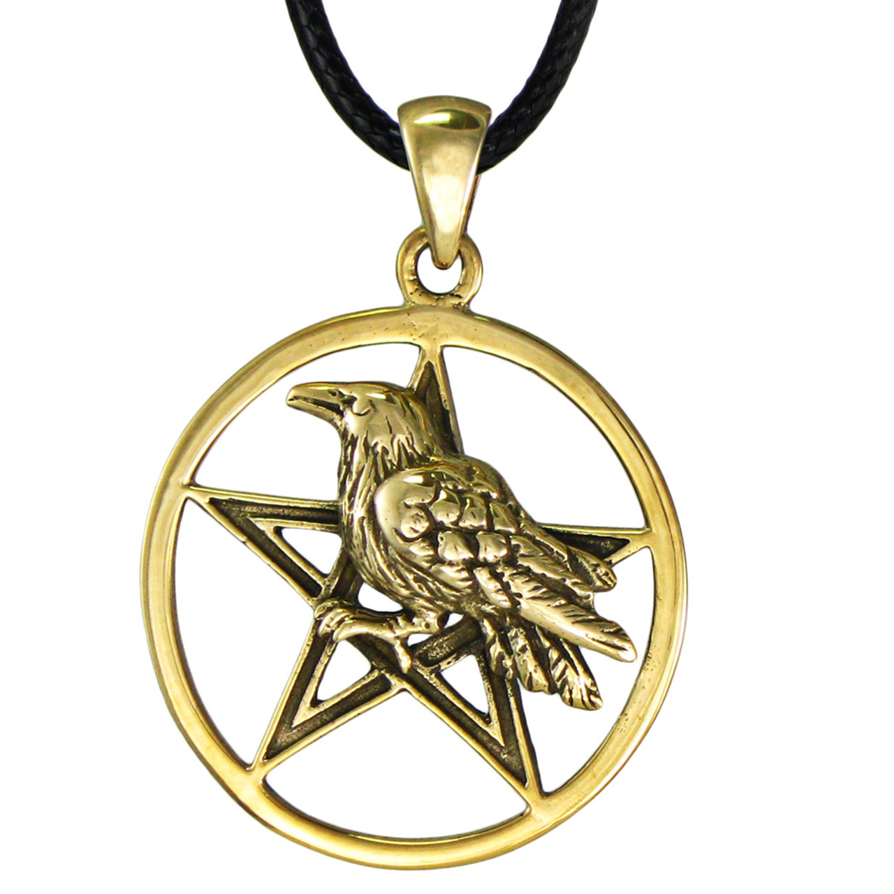 Bronze Raven Crow Pentacle Pendant - Wiccan Pagan Jewelry