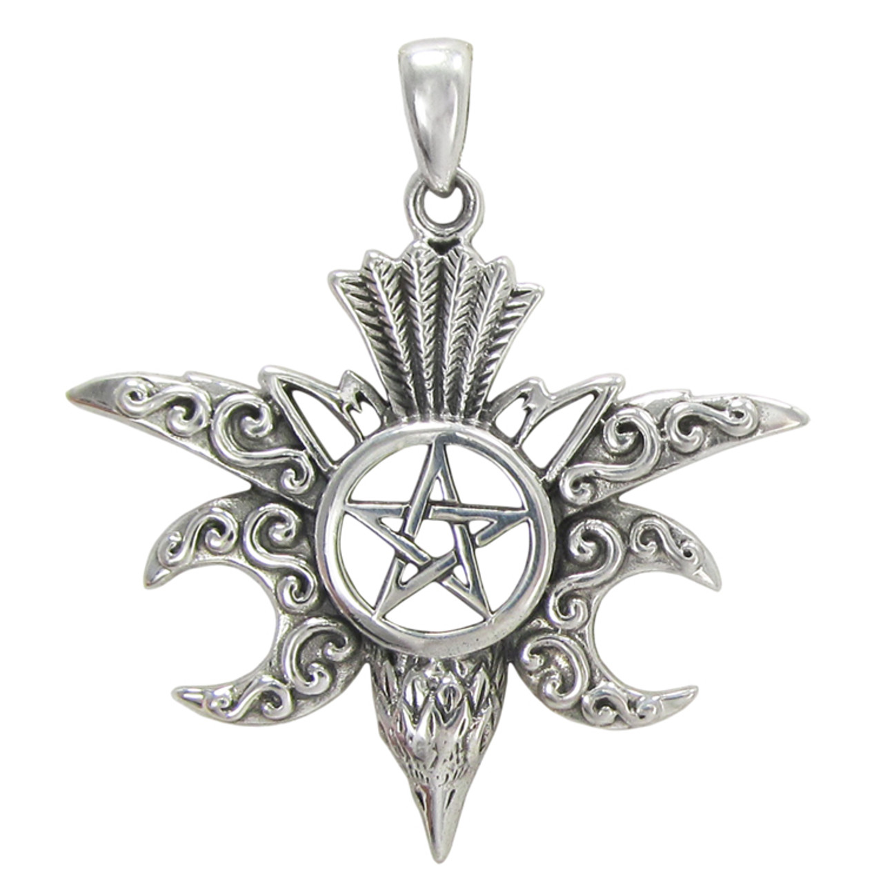 Sterling Silver Moon Raven Pentacle Pendant - Moonlight Mysteries