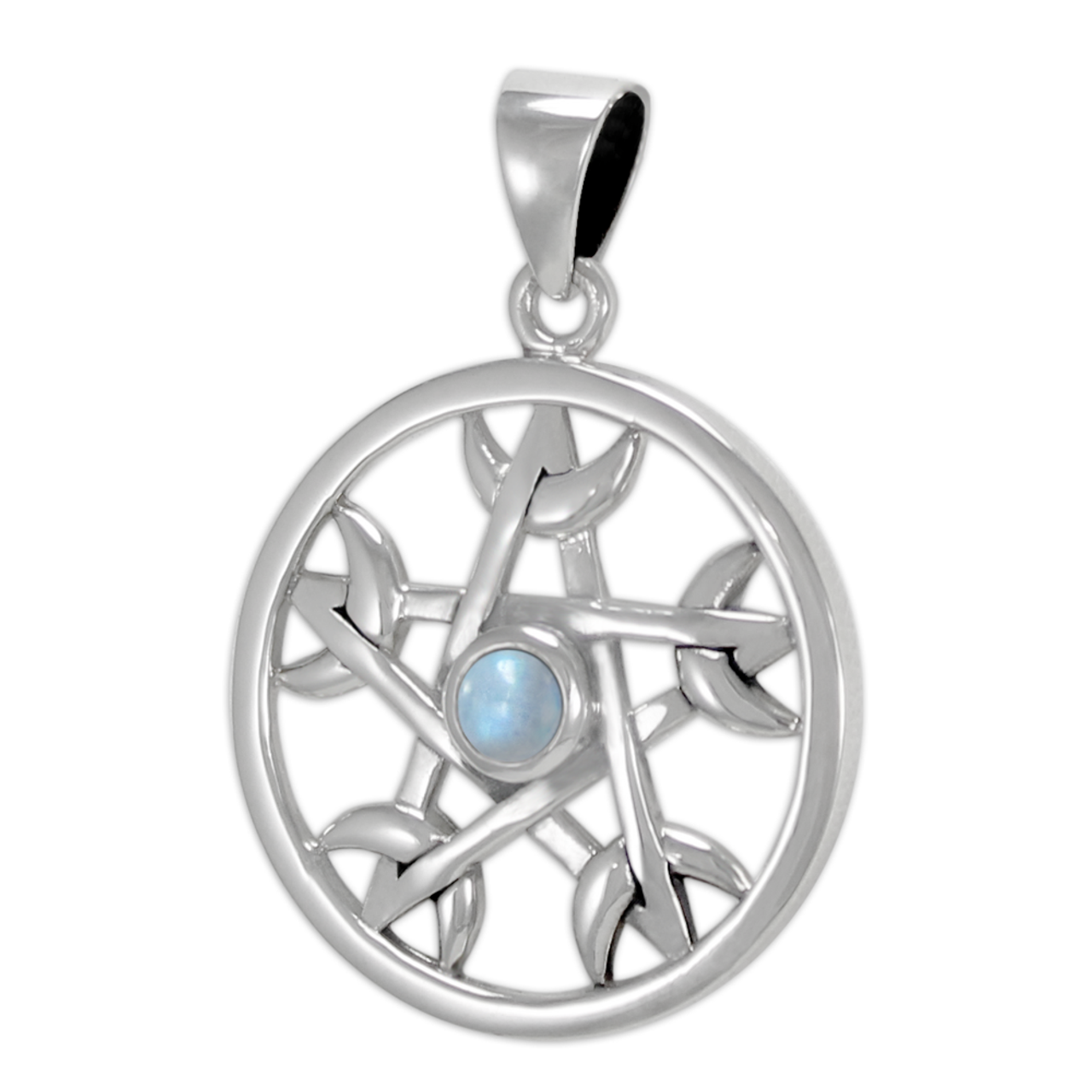 Sterling Silver Moon Entwined Pentacle Pendant with Rainbow Moonstone