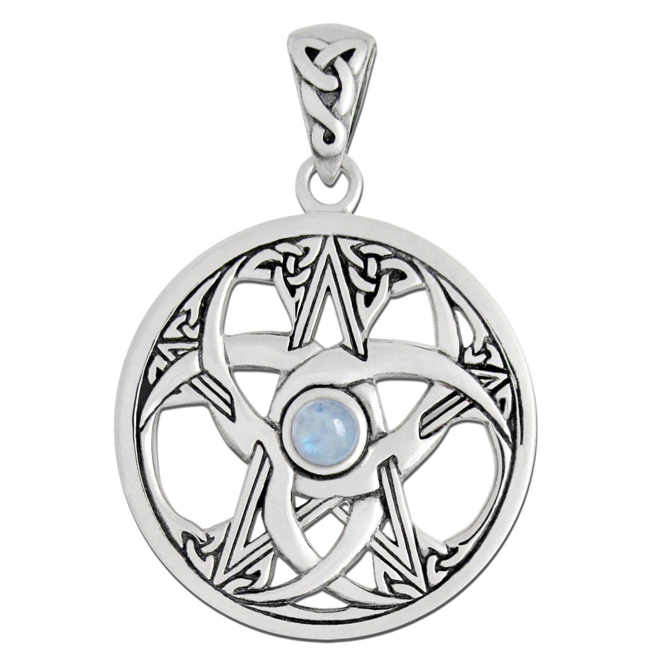 Sterling Silver Triple Moon Celtic Knot Pentacle with Rainbow Moonstone