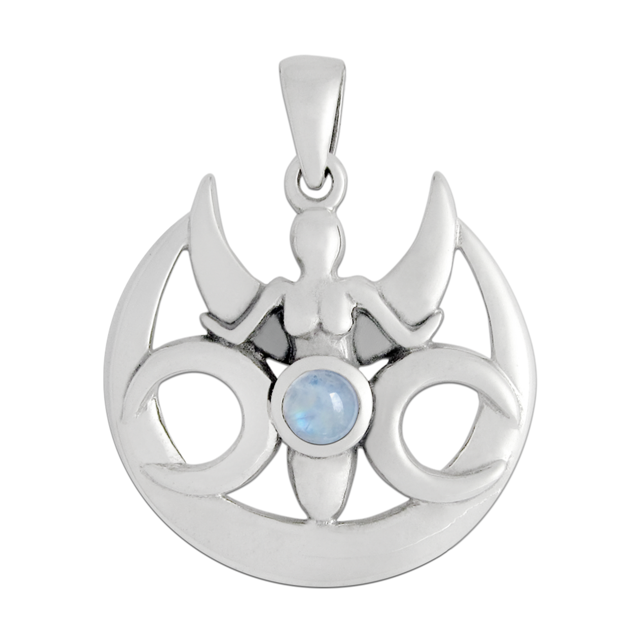 Sterling Silver Triple Moon Goddess Pendant with Rainbow Moonstone