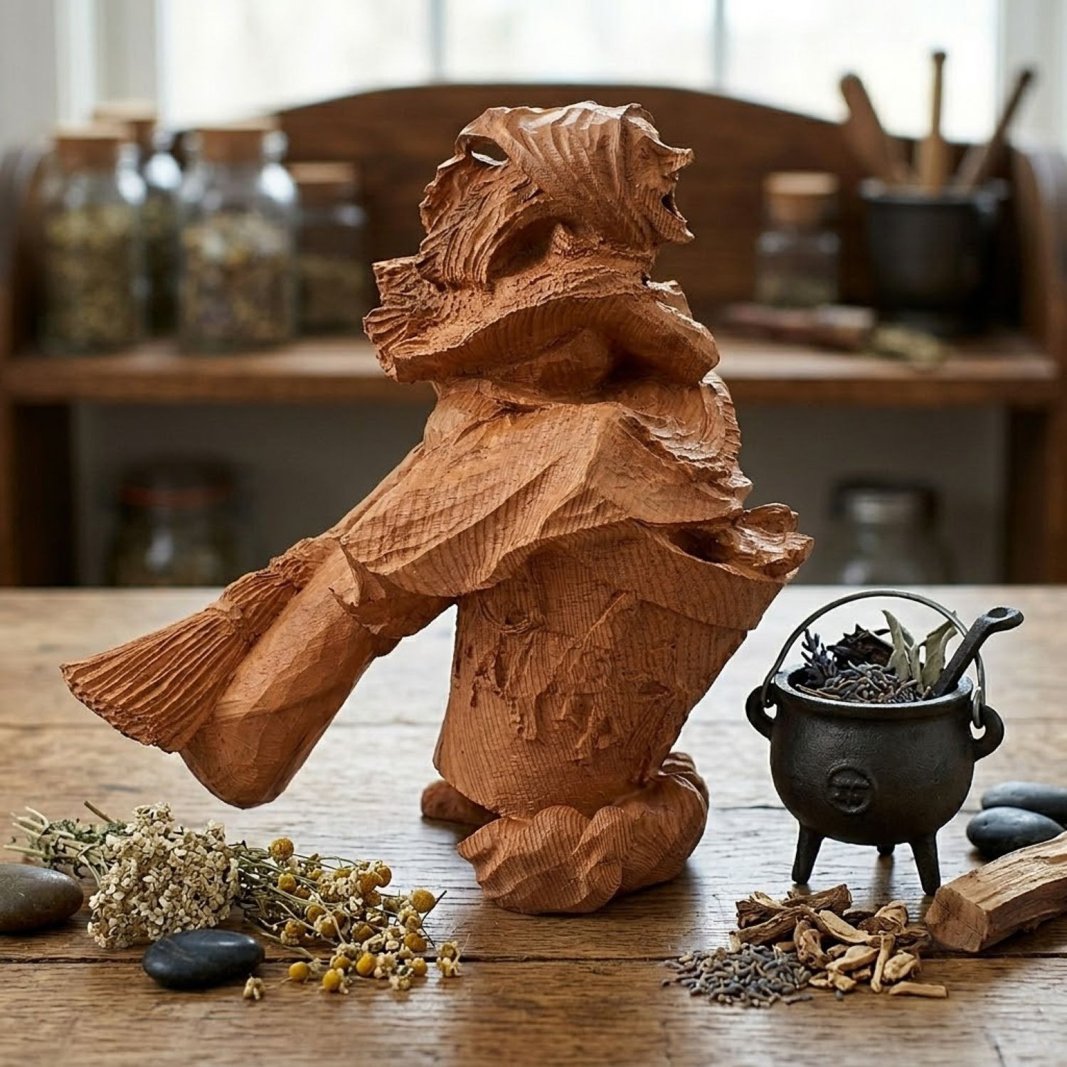 Wood Baba Yaga statue at our pagan store facing left