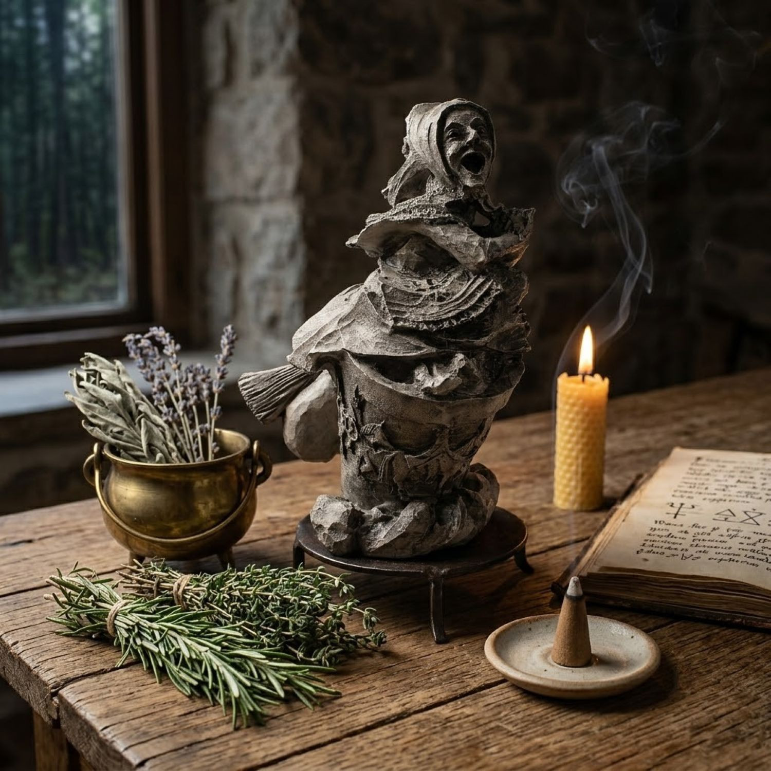 Baba Yaga statue on a wood table at our witch jewelry and supply store
