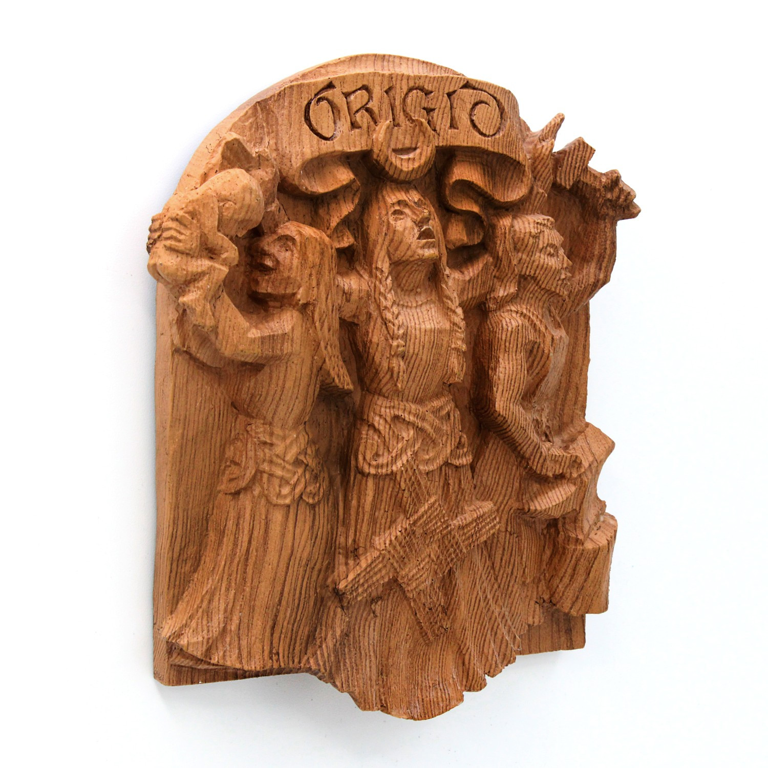 Left-angled view of the Dryad Design wooden Brigid plaque, highlighting the carved figure of the goddess holding a baby to represent her protection of the hearth and childbirth