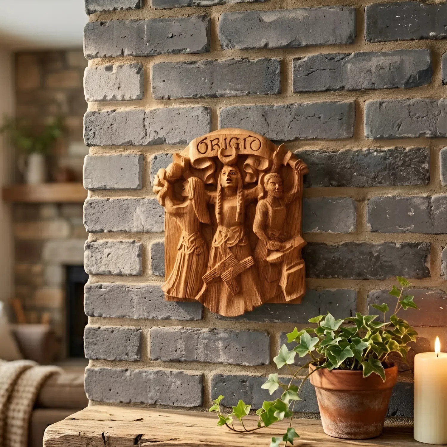 Celtic Goddess Brigid wood plaque hanging on a grey brick wall above a rustic wooden mantle, styled with a glowing white pillar candle and a potted ivy plant