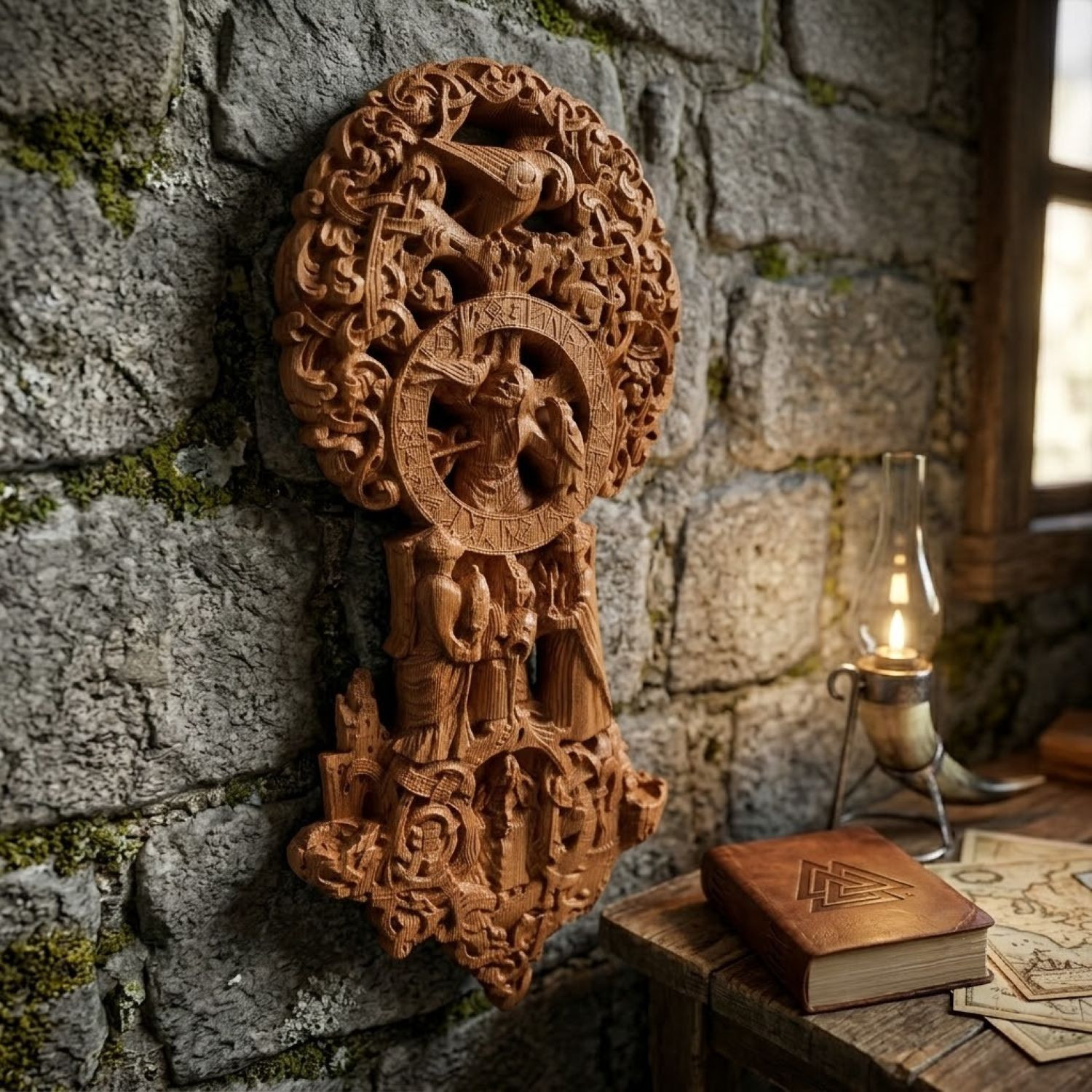Yggdrasil Norse wall plaque mounted on a mossy stone wall, styled alongside a Viking horn lantern and leather-bound book