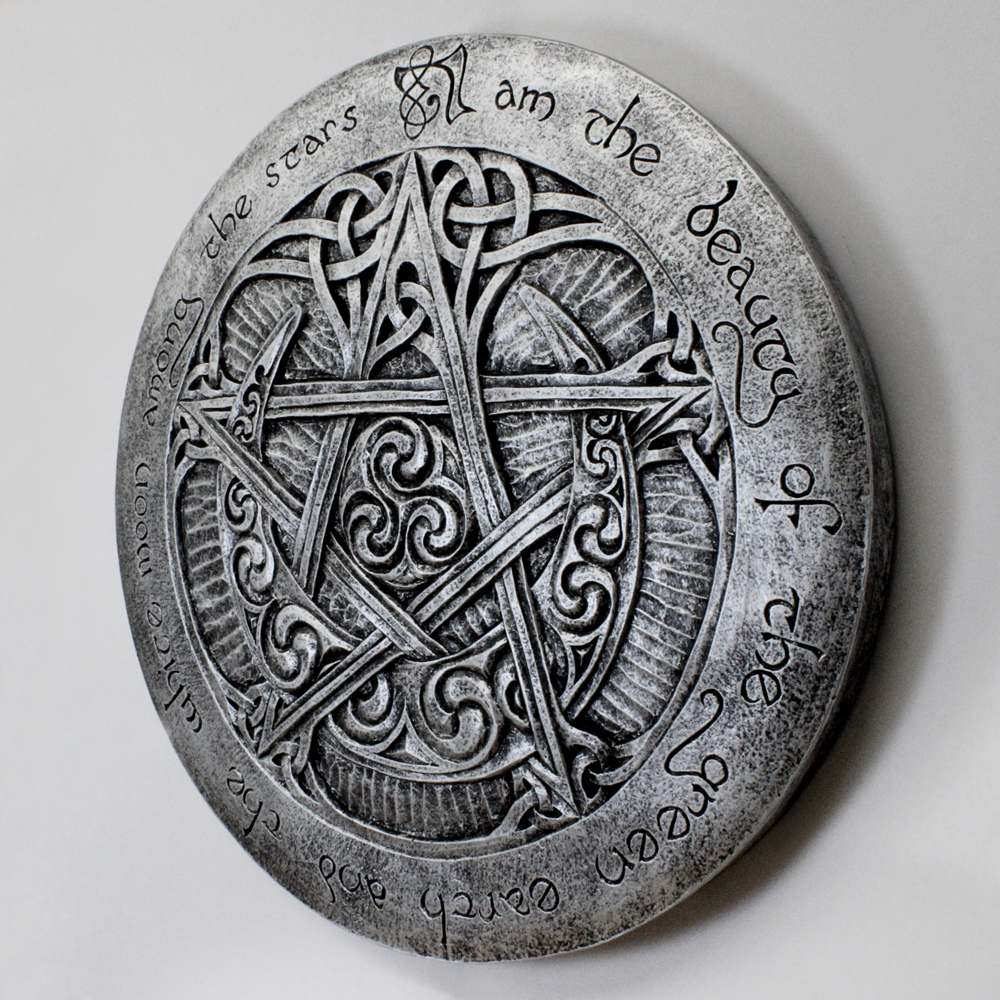 Charge of the Goddess Moon Pentacle plaque. Shop our wiccan gift store and add this decorative wall hanging featuring a pentacle intertwined with a crescent moon, perfect Witchy decor or Wiccan & Pagan altar tools & supplies.