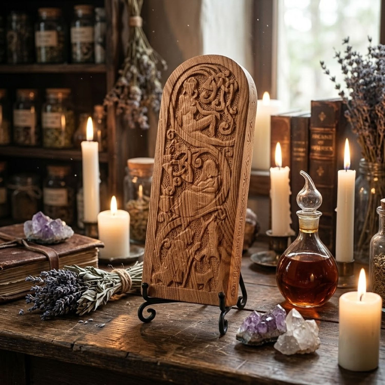 Witchcraft wall decor - Maiden Mother Crone wall plaque with oak wood finish