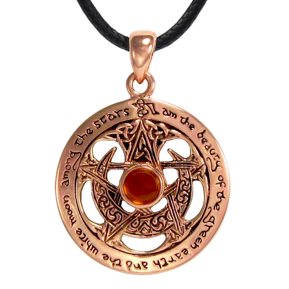 Copper Large Cut Moon Pentacle Pendant with Amber