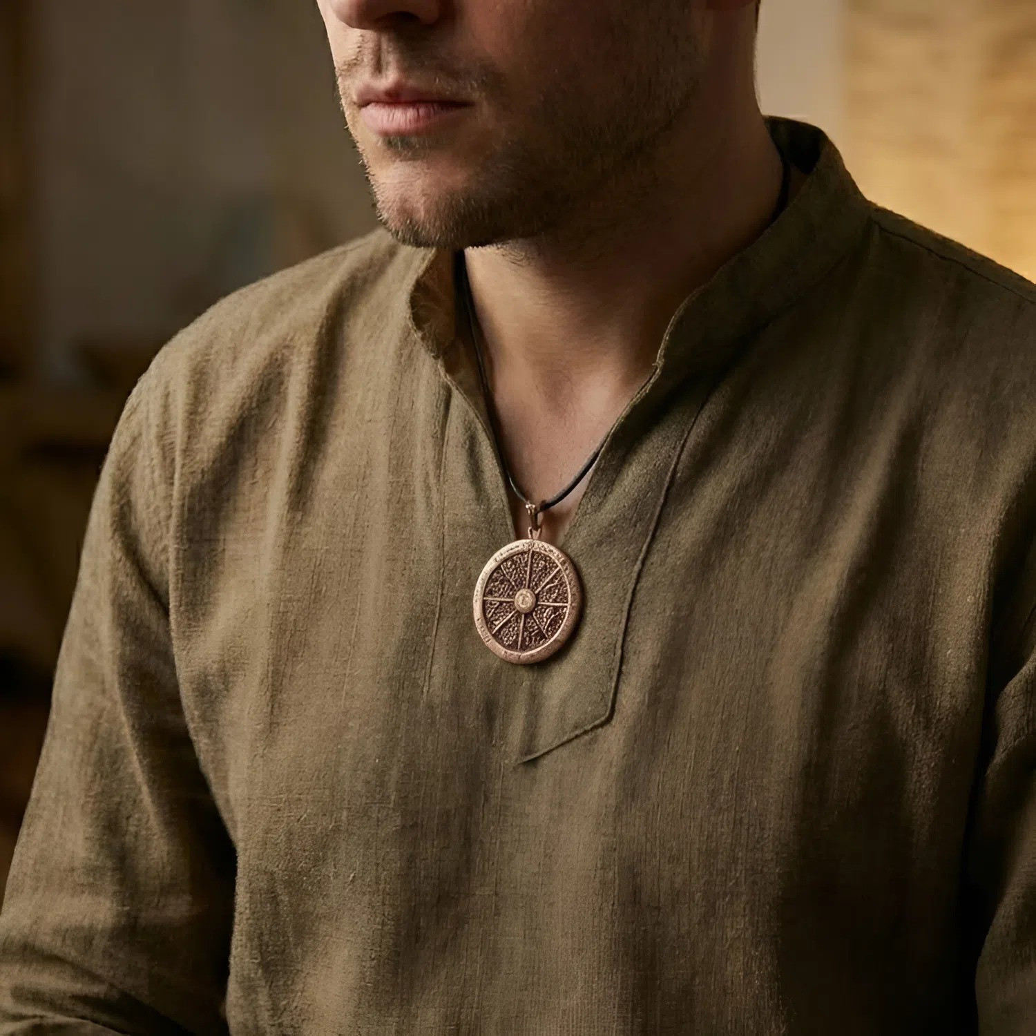 Detailed Copper Wheel of the Year Jewelry featuring seasonal symbols on a black cord