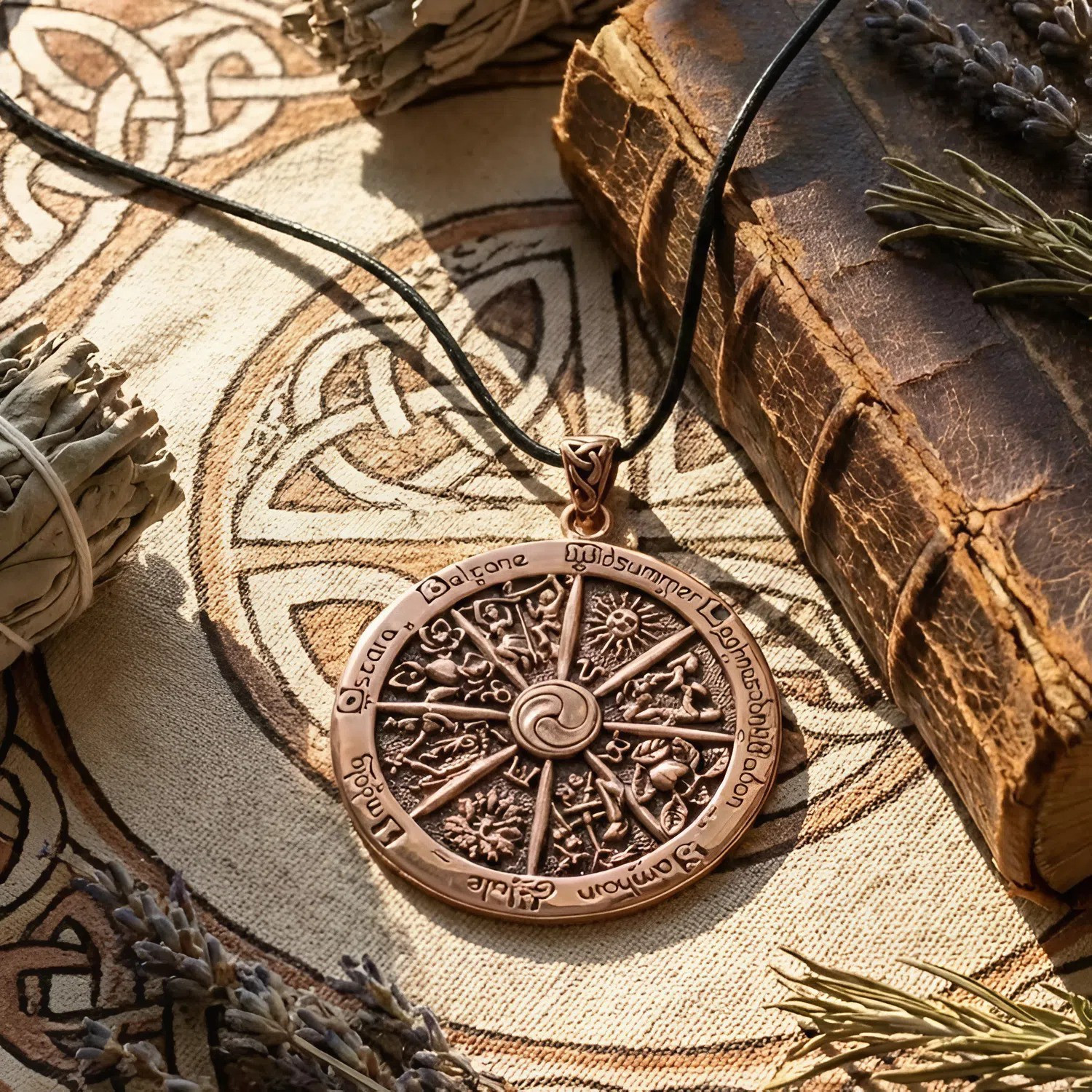 Solid Copper Wheel of the Year Medallion A classy and detailed Pagan Sabbat necklace