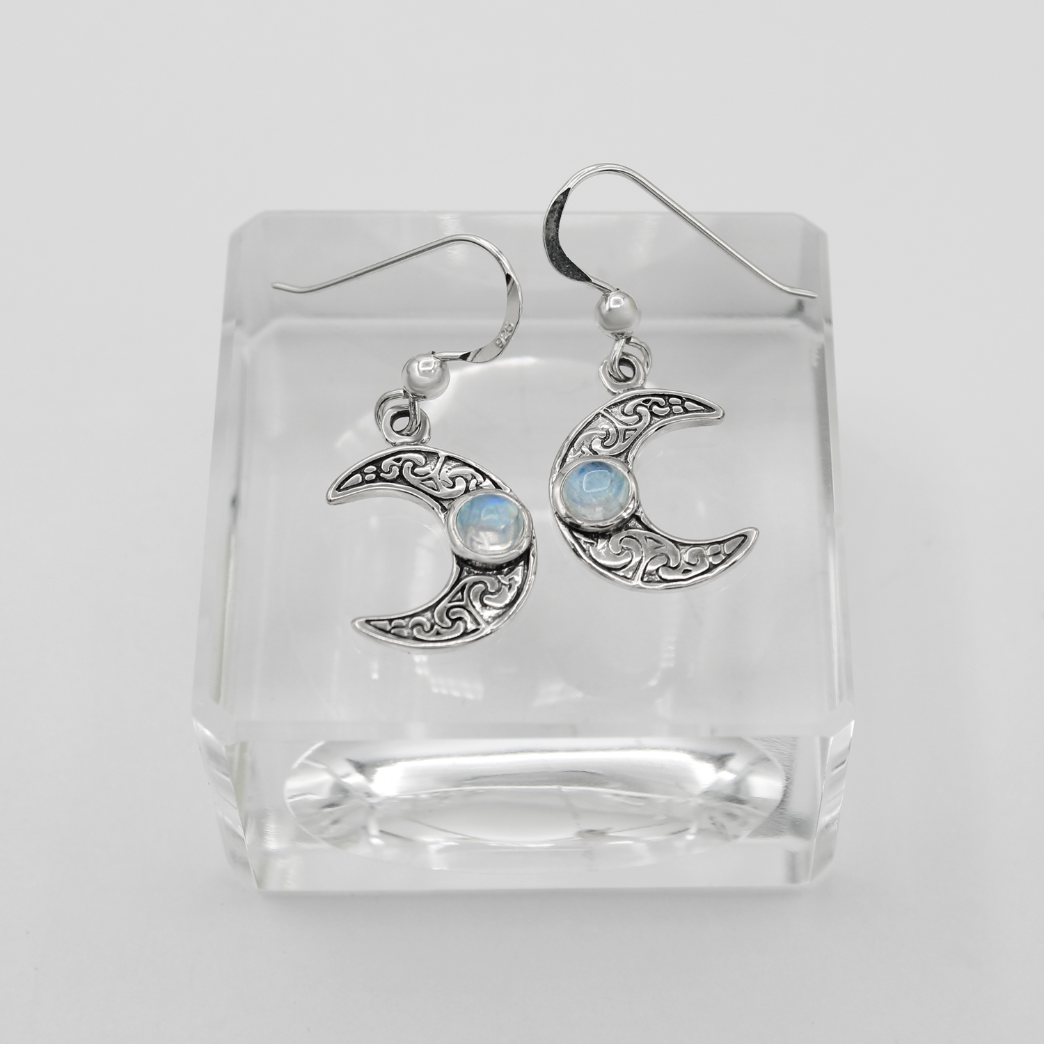 Pagan jewelry crescent moon hook earrings with rainbow moonstone