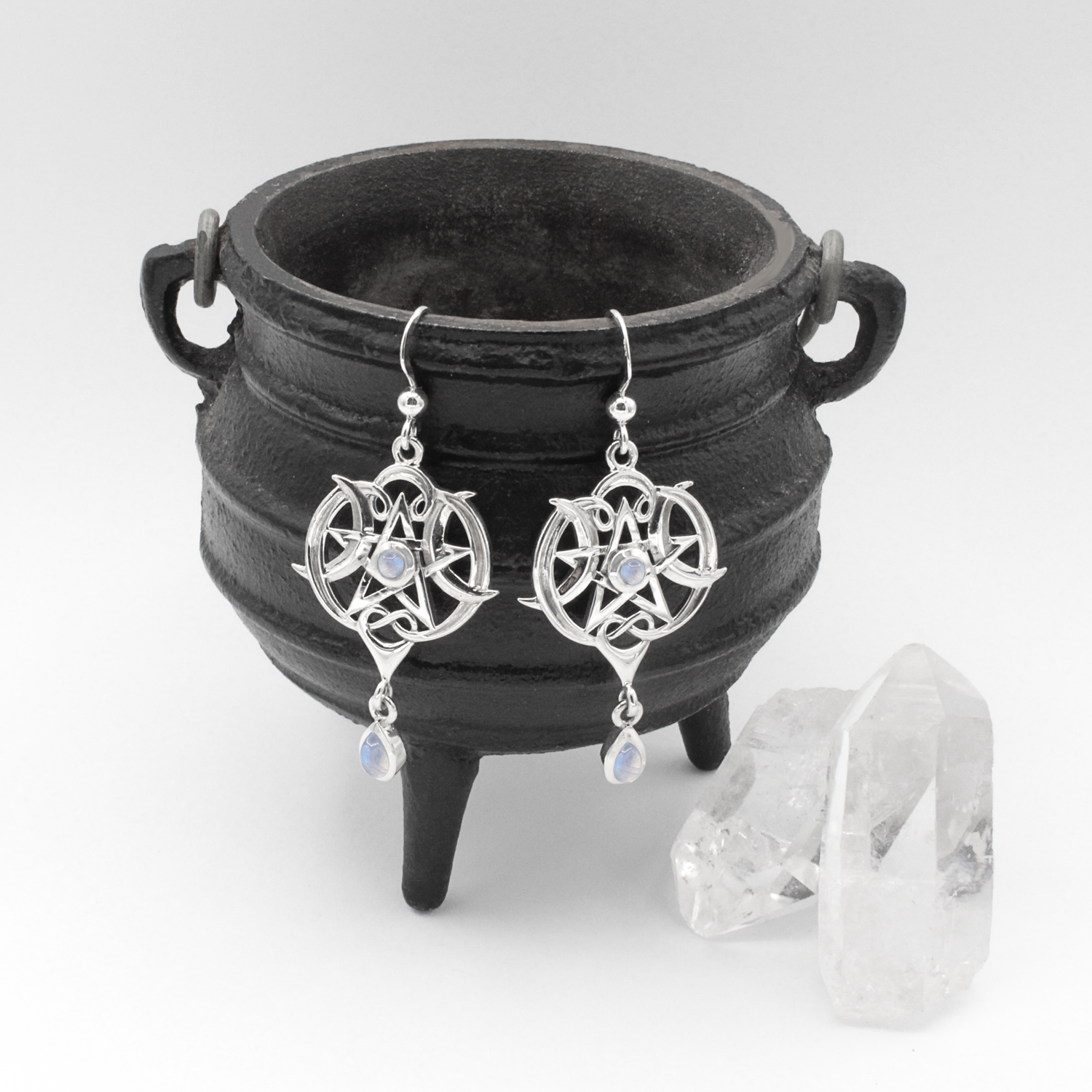 Hidden Heart Pentacle Earrings | 925 Sterling Silver & Rainbow Moonstone