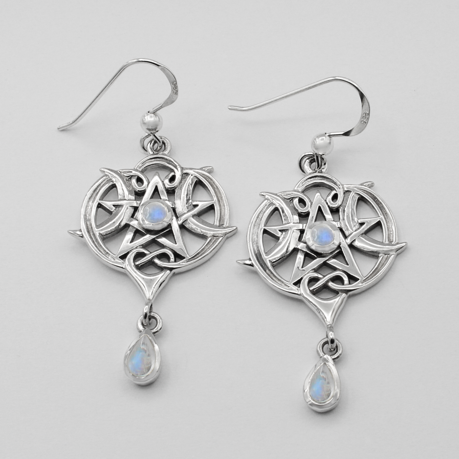 Hidden Heart Pentacle Earrings | 925 Sterling Silver & Rainbow Moonstone