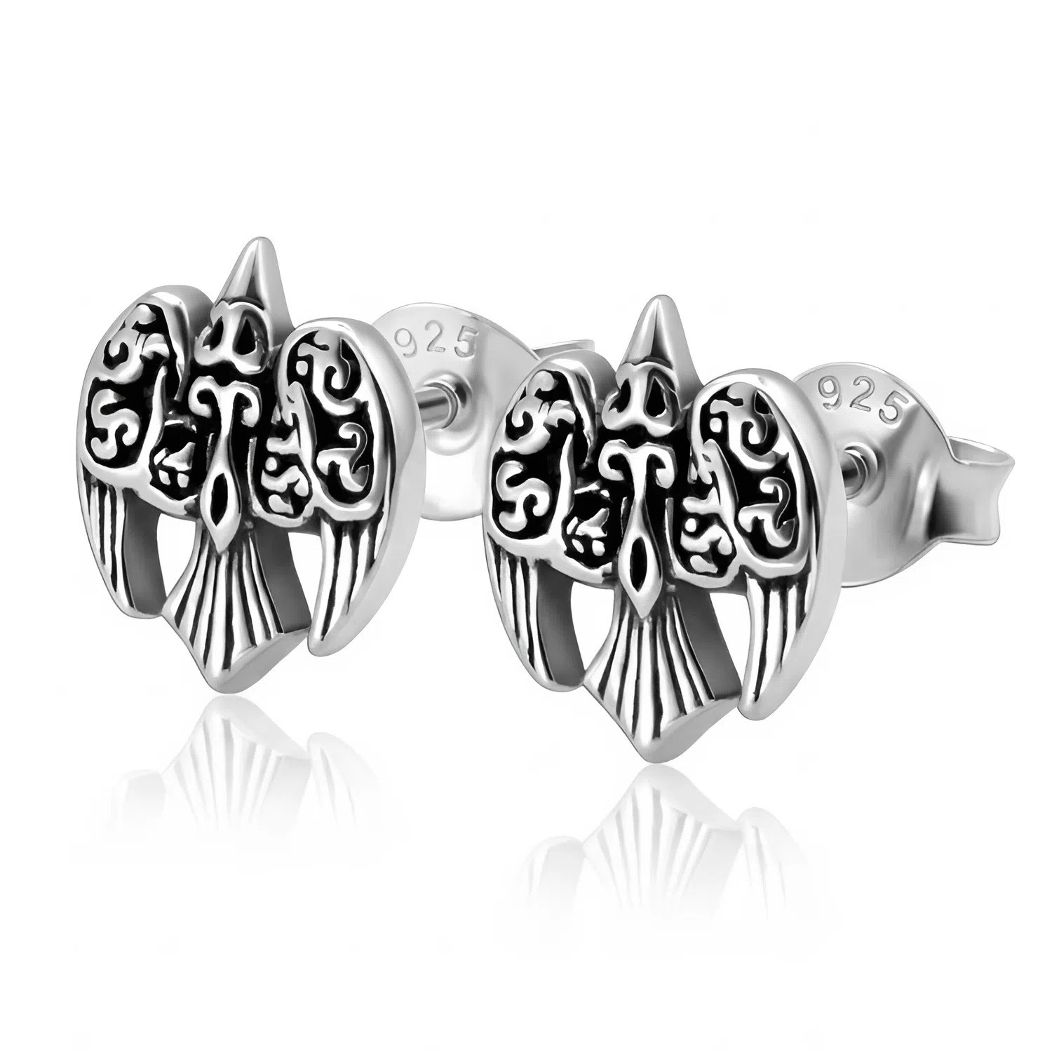 Morrigan Earrings: Sterling silver raven stud earrings featuring intricate Celtic knot patterns on a white background