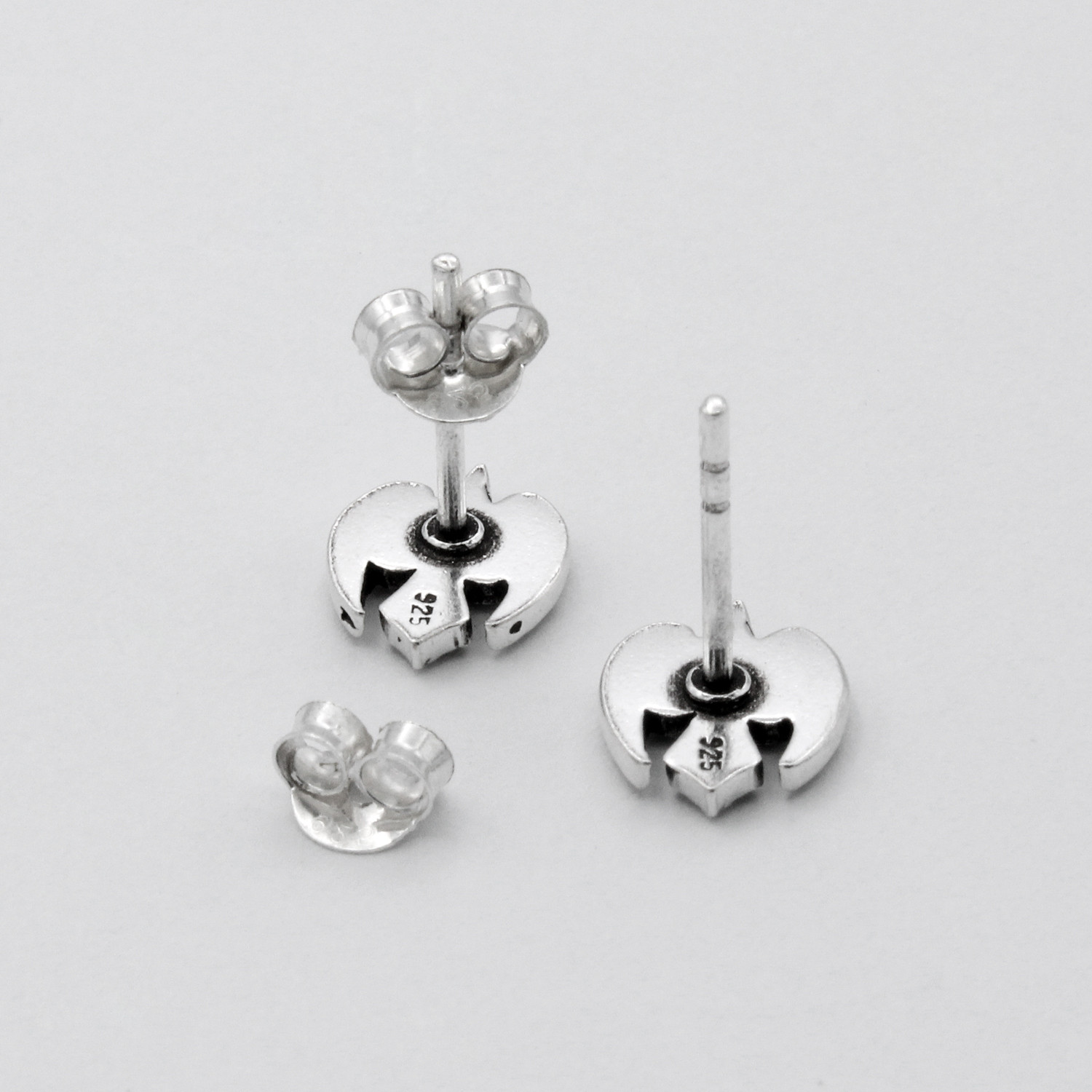 Post: Morrigan Raven earrings showing the back of the silver studs, .925 stamp, and butterfly backs