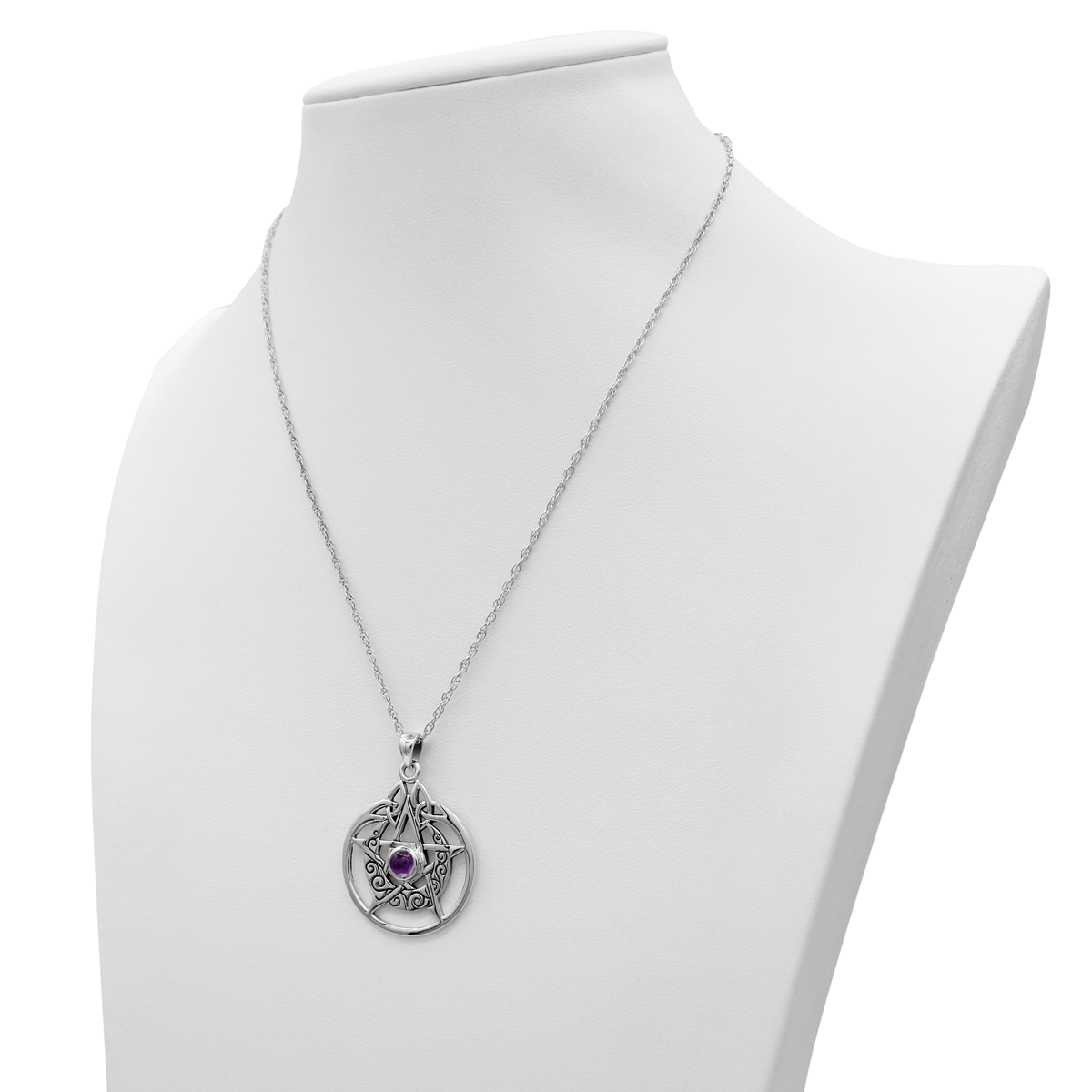 Sterling Silver Crescent Moon Necklace, Pentacle Witch Pendant with Amethyst, Witchcraft Jewelry.