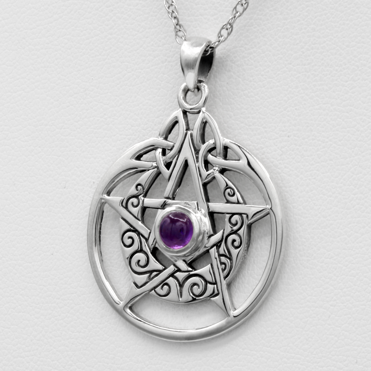 Sterling Silver Crescent Moon Necklace, Pentacle Witch Pendant with Amethyst, Witchcraft Jewelry.