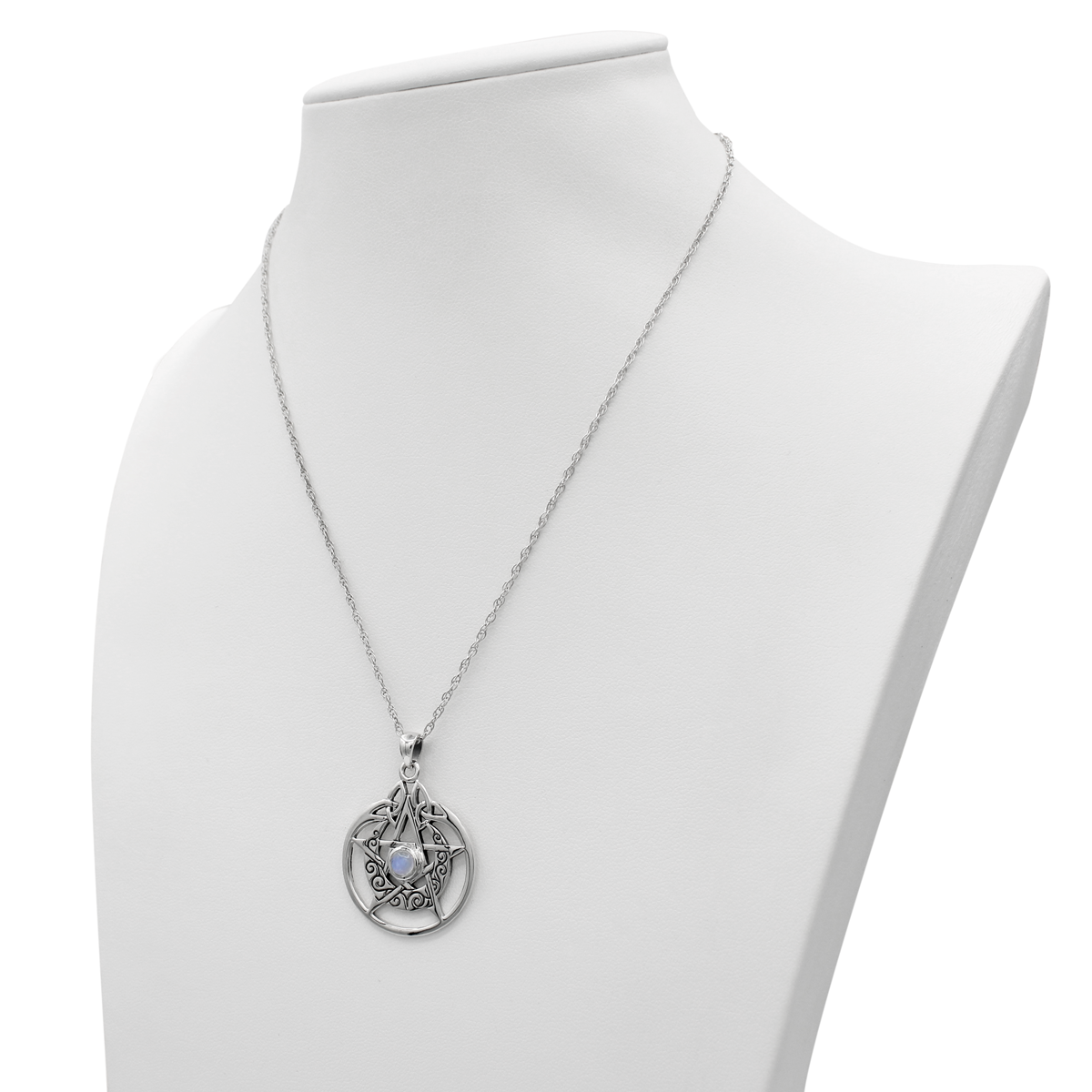 Sterling Silver Crescent Moon Pentacle Pendant with Rainbow Moonstone Pagan Wiccan Jewelry