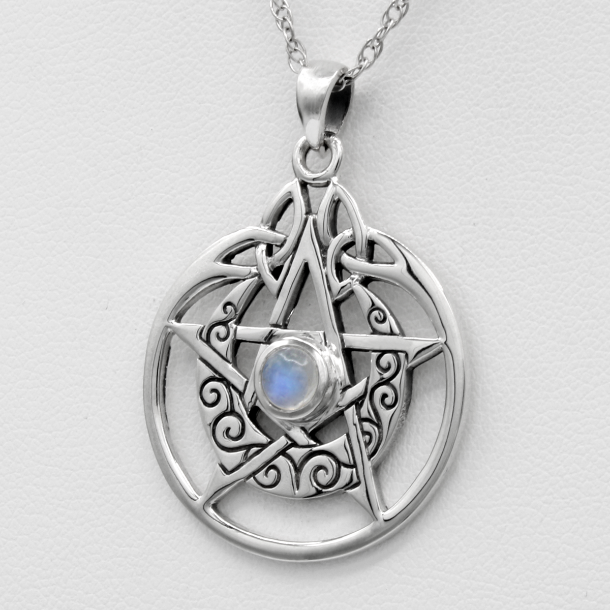Sterling Silver Crescent Moon Pentacle Pendant with Rainbow Moonstone Pagan Wiccan Jewelry