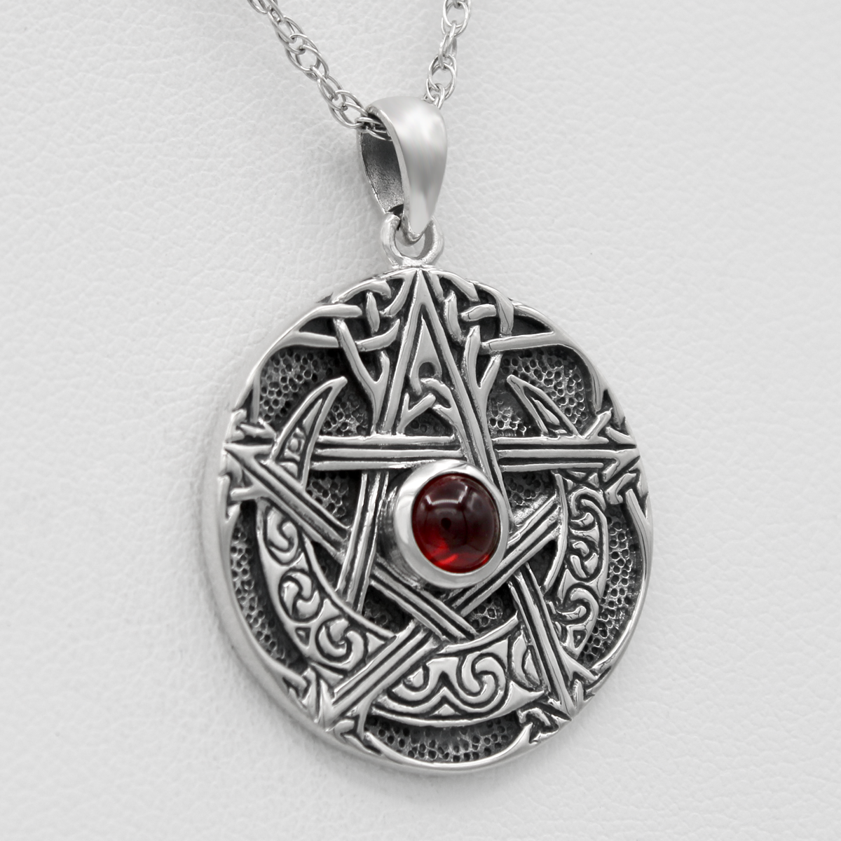 Wiccan Store : Celtic Pagan Jewelry : Garnet & Sterling Silver Moon Pentacle Pendant with cable chain necklace