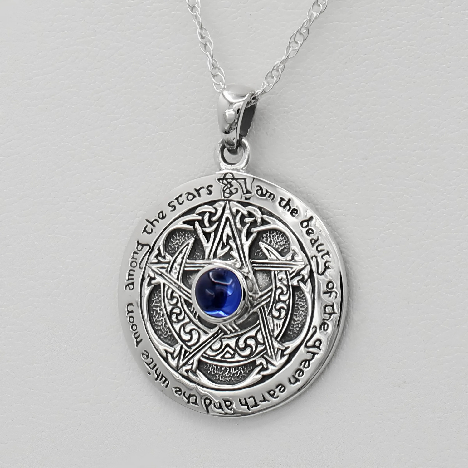 Sterling Silver Blue Sapphire Charge of the Goddess Pentacle Pendant  Witch Necklace Occult Esoteric Magic Symbolism