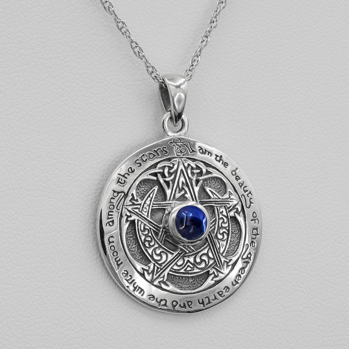 Sterling Silver Blue Sapphire Charge of the Goddess Pentacle Pendant Necklace