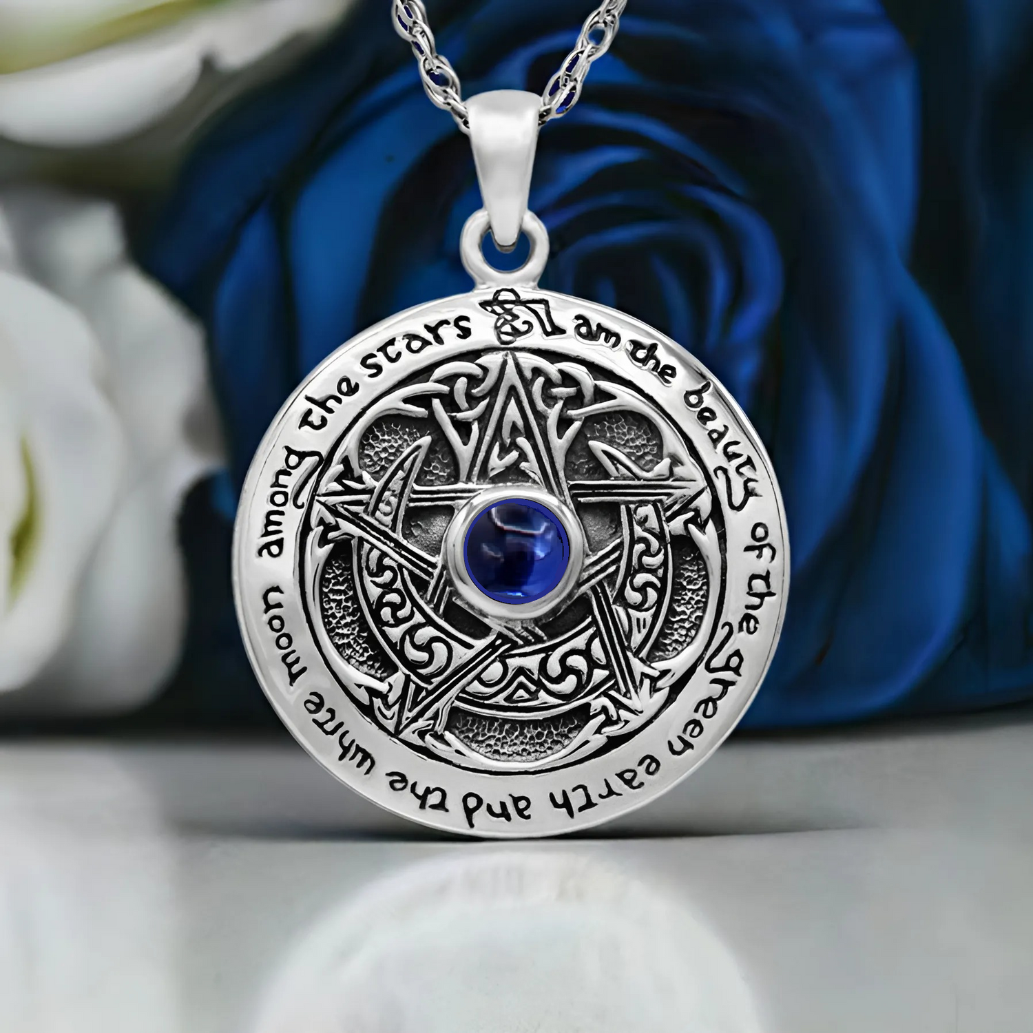 Sterling Silver Blue Sapphire Charge of the Goddess Pentacle Pendant Necklace
