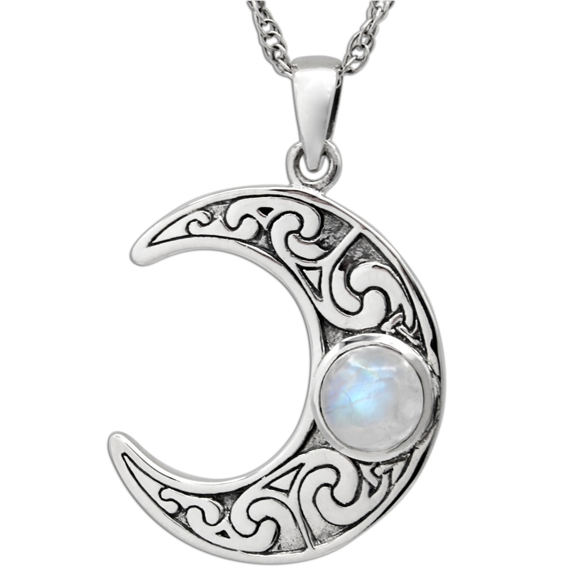 Wiccan Goddess & Pagan Jewelry : Selene Moon Goddess Necklace | .925 Sterling Silver & Rainbow Moonstone | Crescent Moon Pagan Jewelry