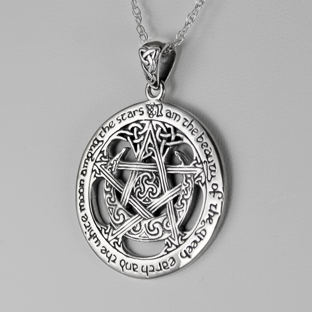 Charge of the Goddess Wiccan Large Pentacle Pendant Necklace in .925 Sterling Silver