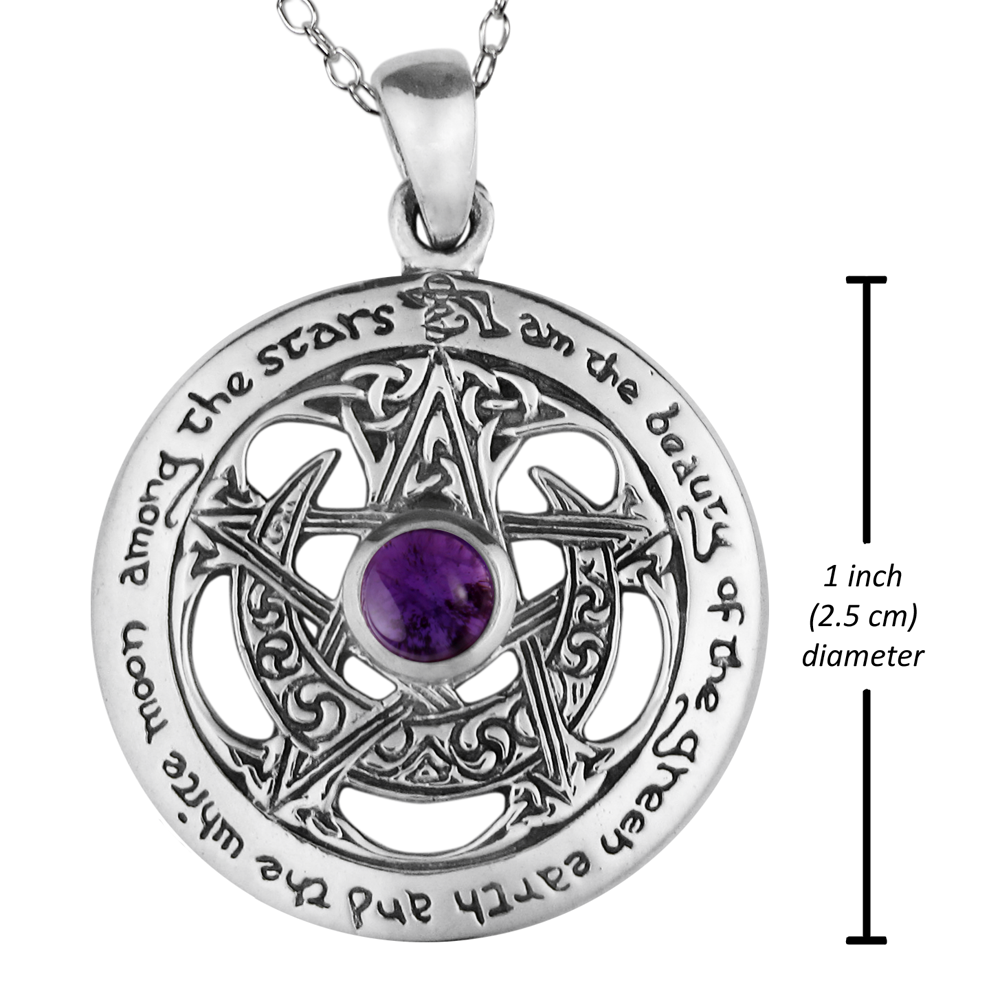 Sterling Silver Cut Out Moon Pentacle Pendant with Amethyst Wiccan Jewelry