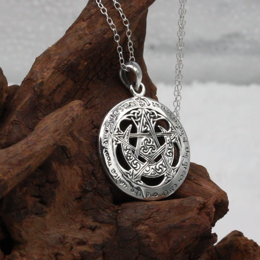 Witch & Pagan Jewelry : 1 Inch, Charge of the Goddess, Sterling Silver Pentacle Pendant Necklace