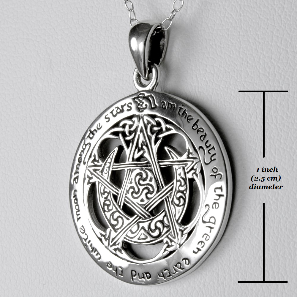 Wiccan & Pagan Jewelry : 1 Inch, Charge of the Goddess, Sterling Silver Pentacle Pendant Necklace