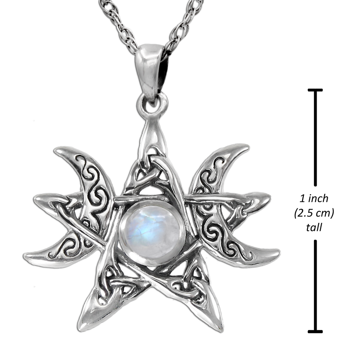 Moon Goddess & Pentagram Jewelry  |  Wiccan & Pagan Necklace | .925 Sterling Silver Pendant with Rainbow Moonstone