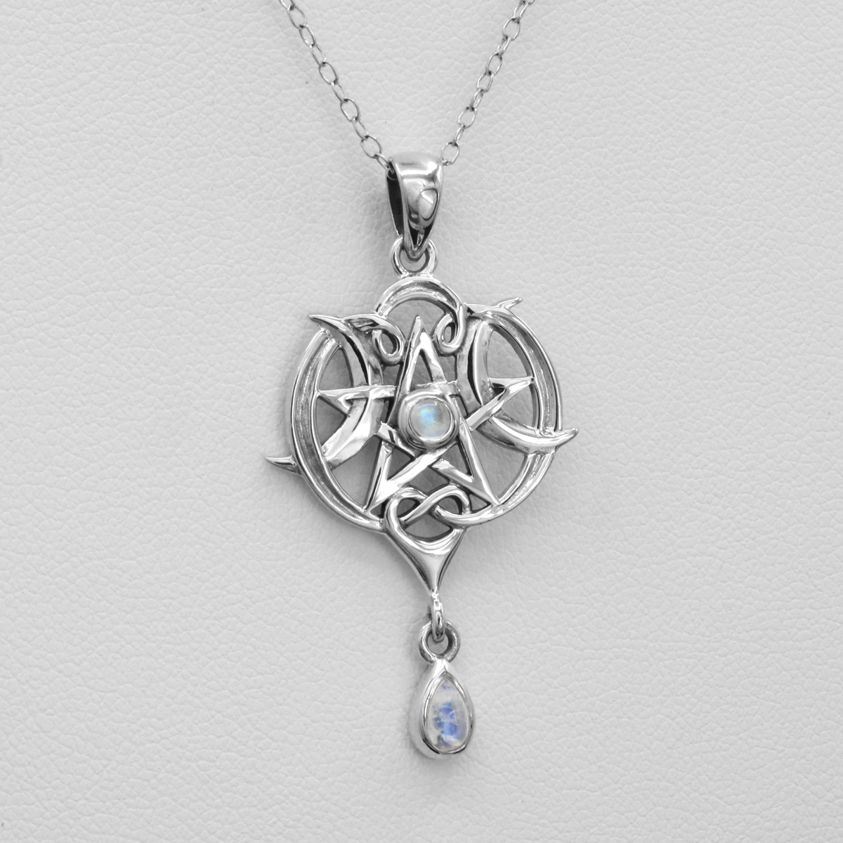 Sterling Silver Heart Pentacle Pendant – Rainbow Moonstone, Wiccan Pentagram, Dryad Design