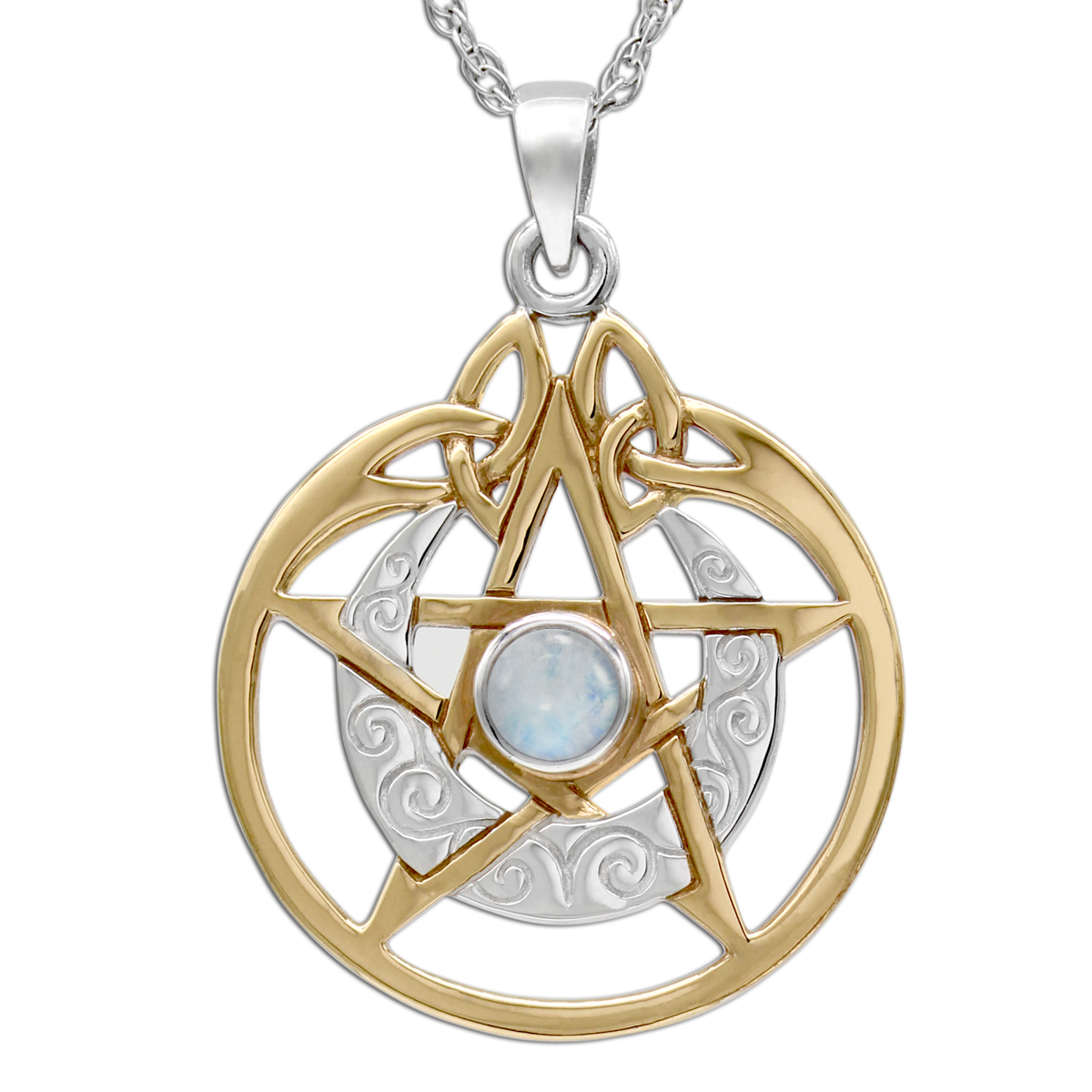 Sterling Silver Vermeil Crescent Moon Pentacle Rainbow Moonstone