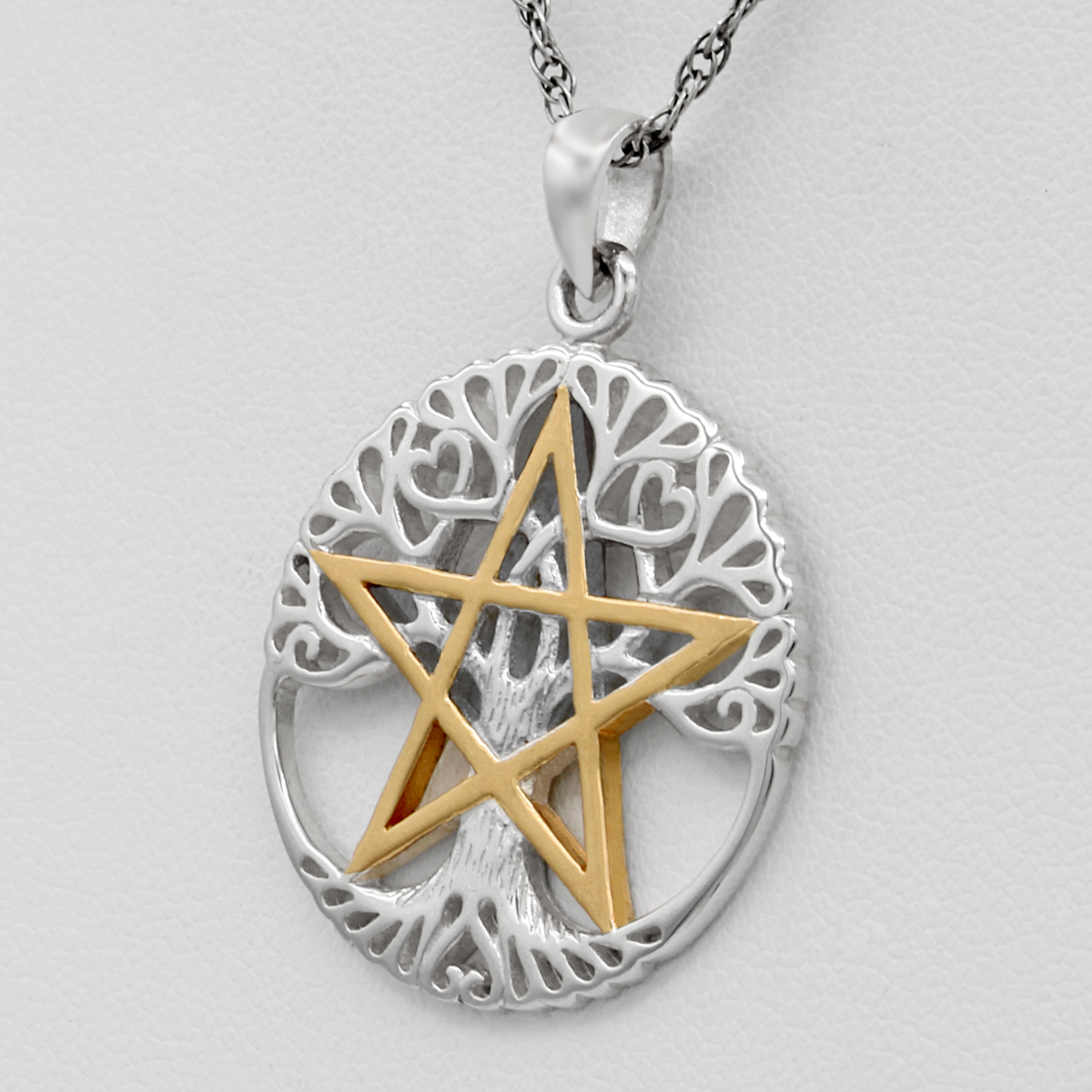 Wicca & Pagan Jewelry : Sterling Silver Vermeil Cut Out Tree Pentacle Pendant Necklace