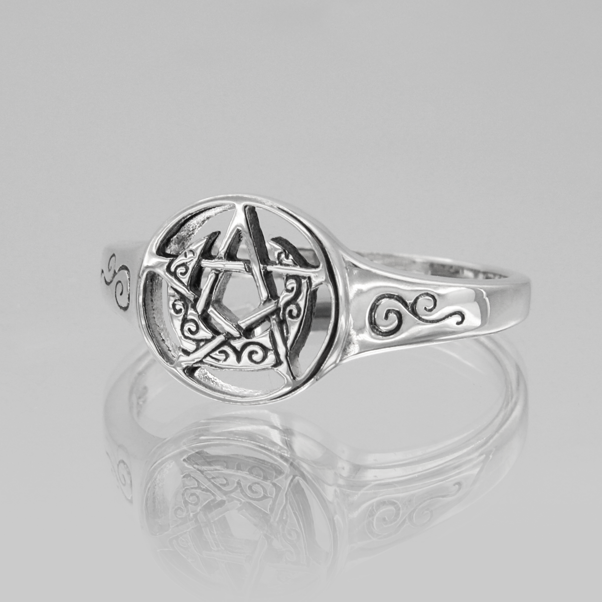 Sterling Silver Crescent Moon Pentacle Wiccan Pagan Ring