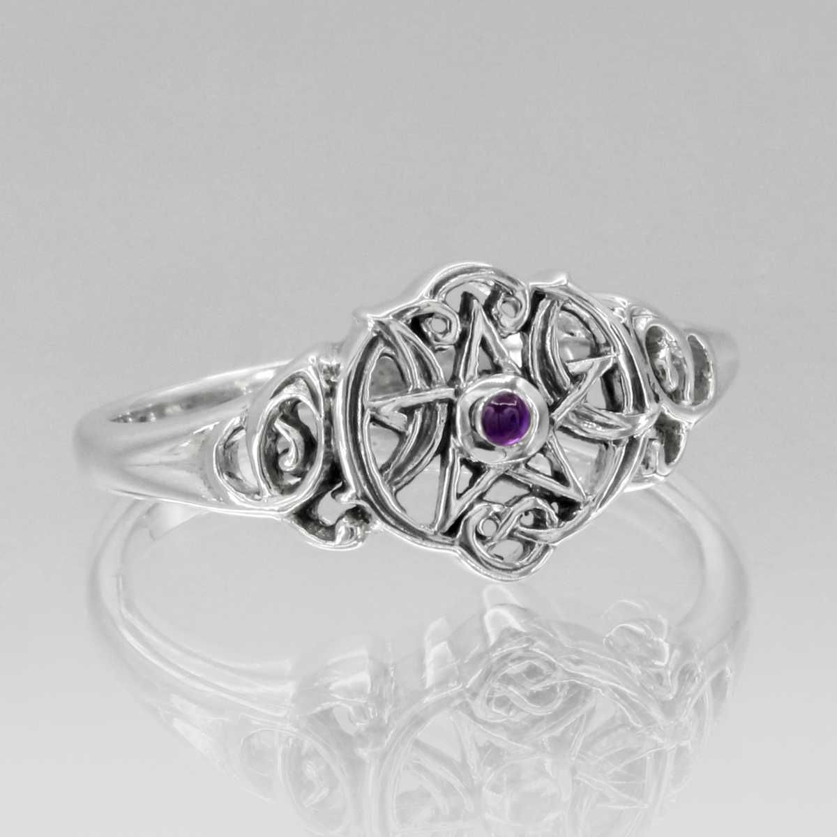 Sterling Silver Heart Pentacle Ring with Amethyst
