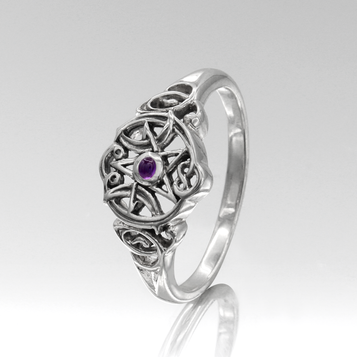 Sterling Silver Heart Pentacle Ring with Amethyst