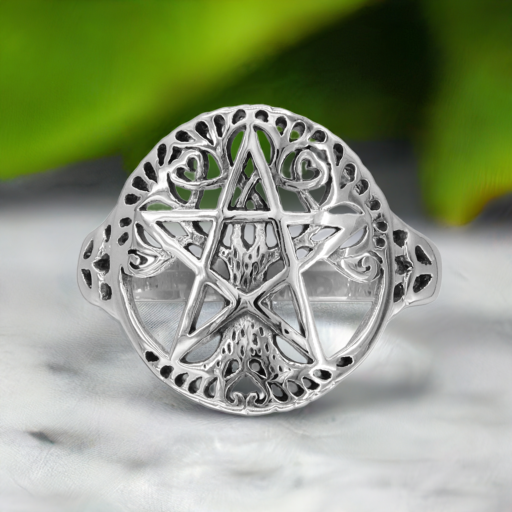 Tree Pentacle Pentagram Ring Sterling Silver Wiccan Jewelry