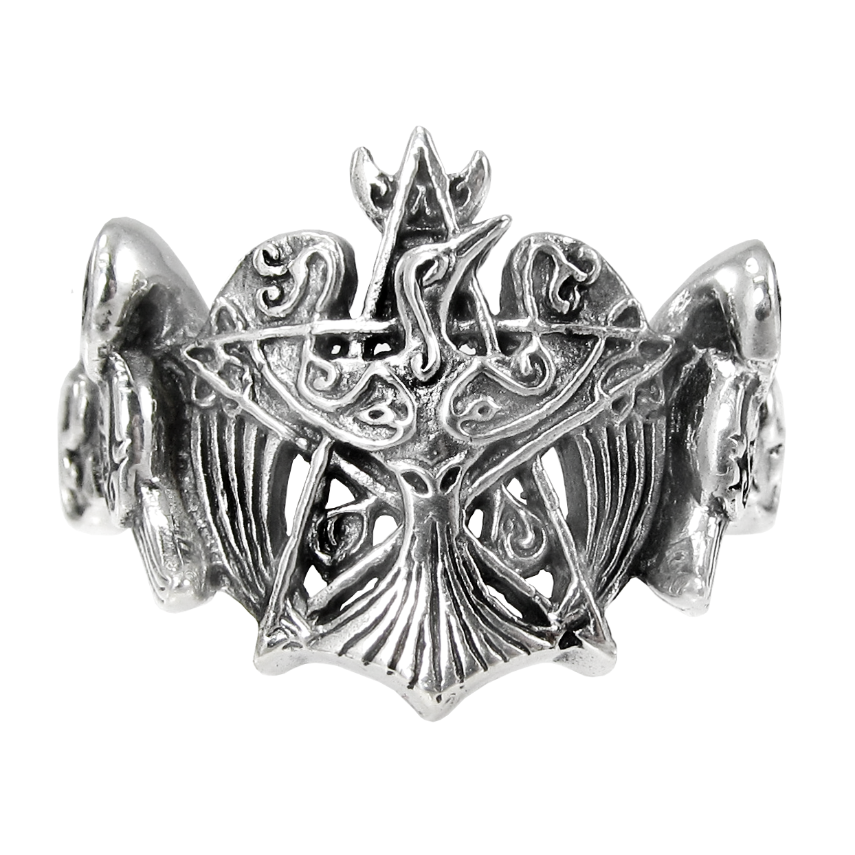 Sterling Silver Crescent Raven Pentacle Ring