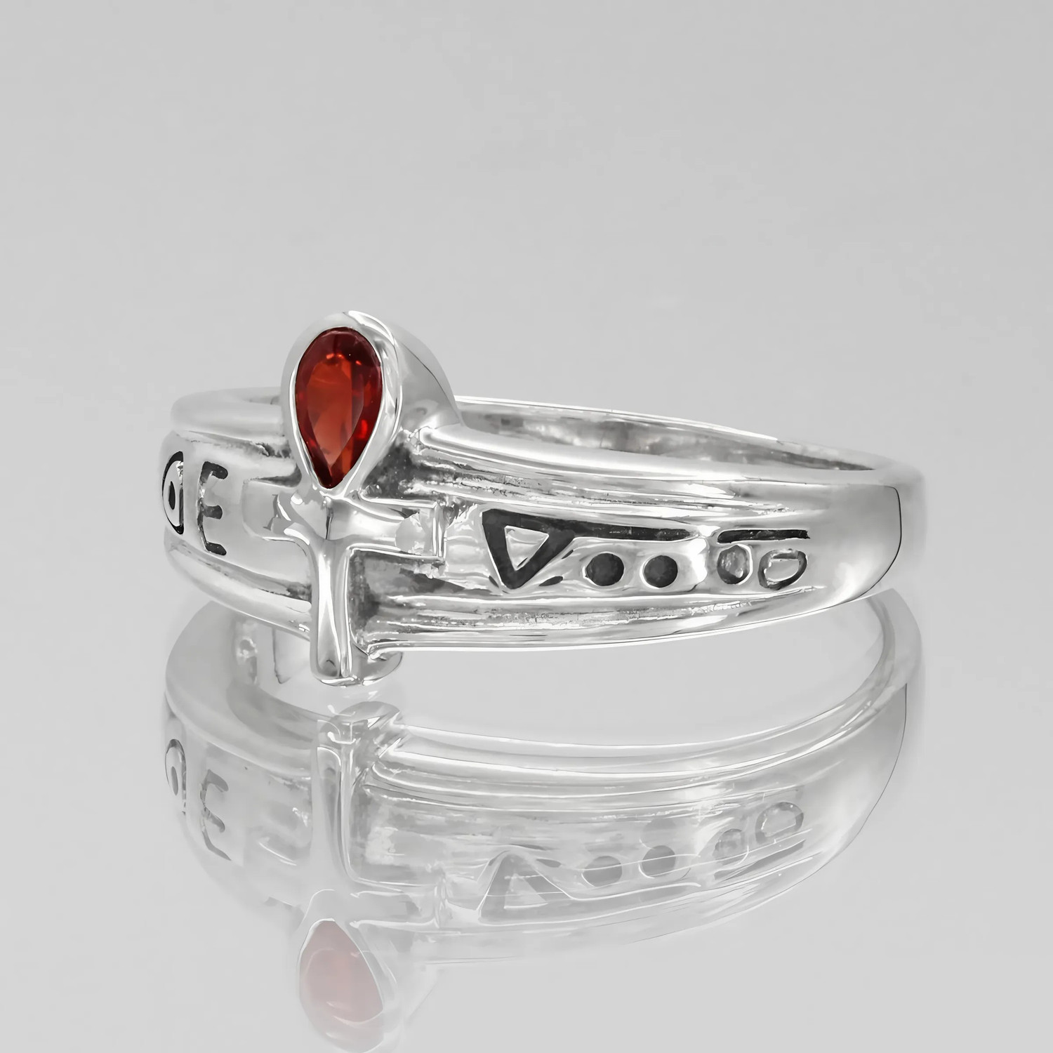 Sterling Silver Egyptian Ankh Hieroglyph Garnet Ring