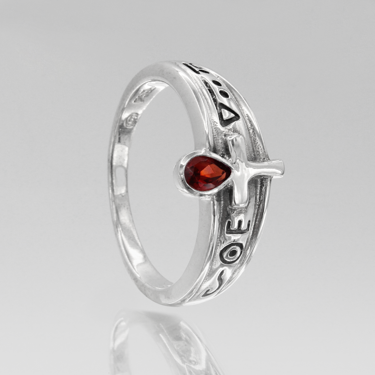 Sterling Silver Egyptian Ankh Hieroglyph Garnet Ring