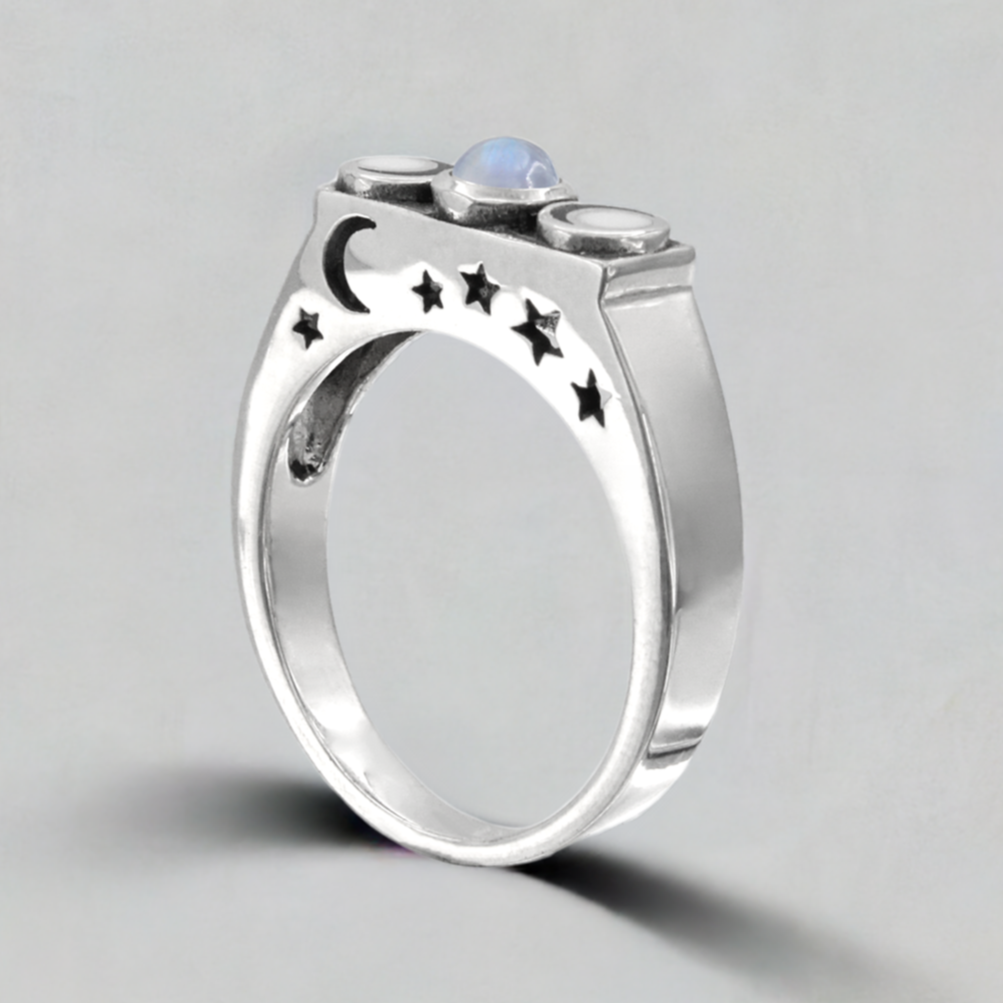 Sterling Silver Wiccan Witch Ring, adorned with a mesmerizing Moonstone, embodies the Triple Goddess and makes a powerful addition to any Witchcraft jewelry collection for Pagan practices.