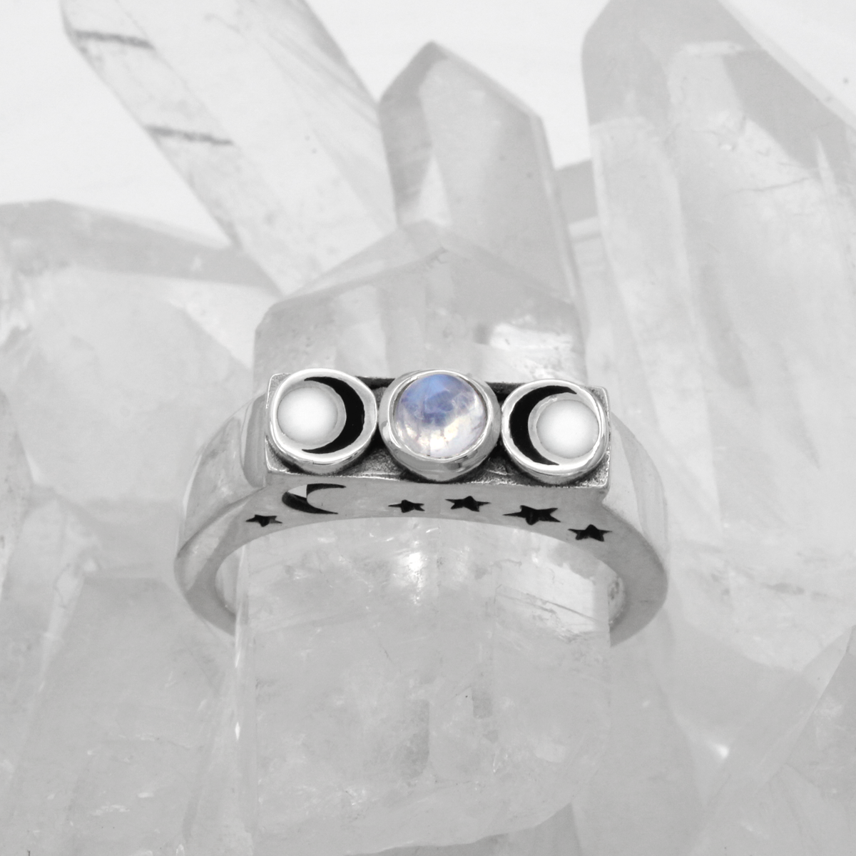 Embrace the magic of the Triple Goddess with this enchanting Sterling Silver Moonstone Ring, a stunning piece of Witchcraft jewelry perfect for Wiccan and Pagan practices.
