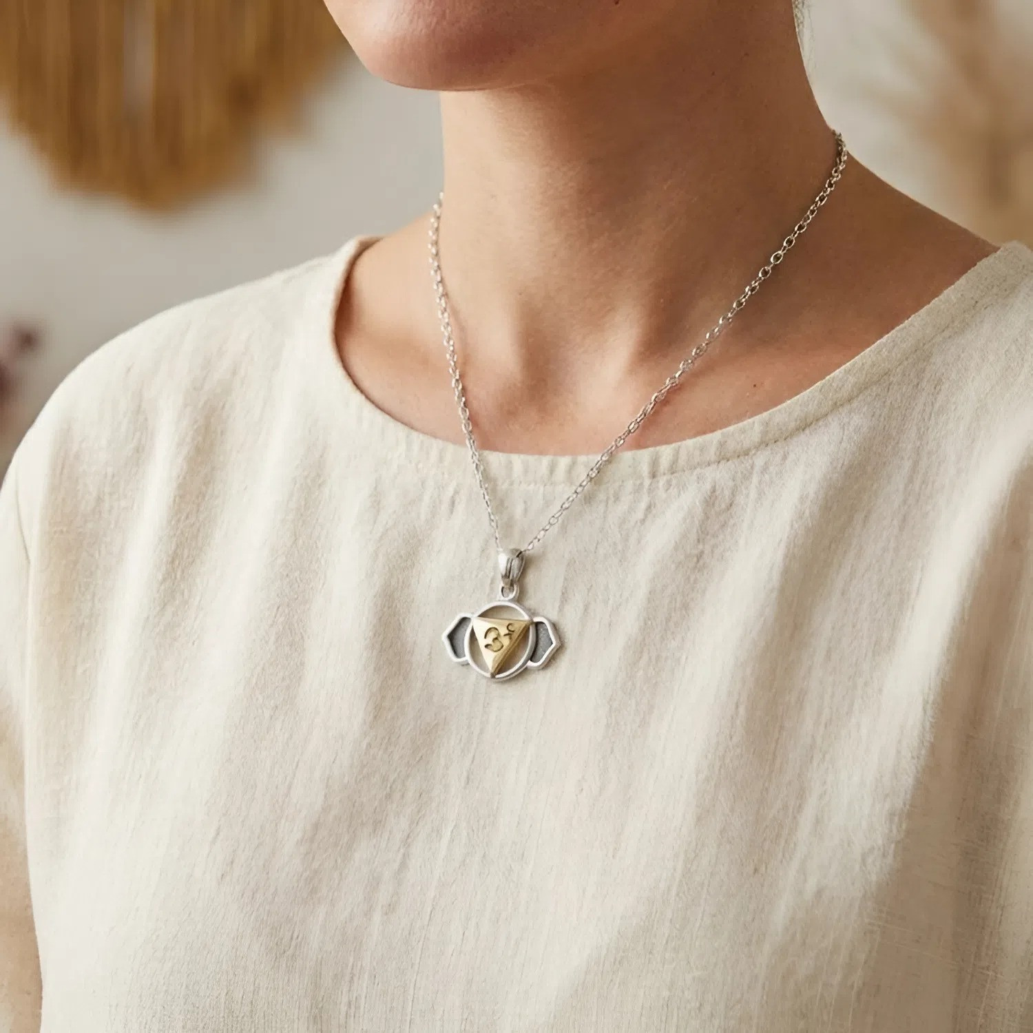 Sterling silver and 14k gold vermeil necklace representing the Third Eye Chakra, Ajna, or Brow Chakra
