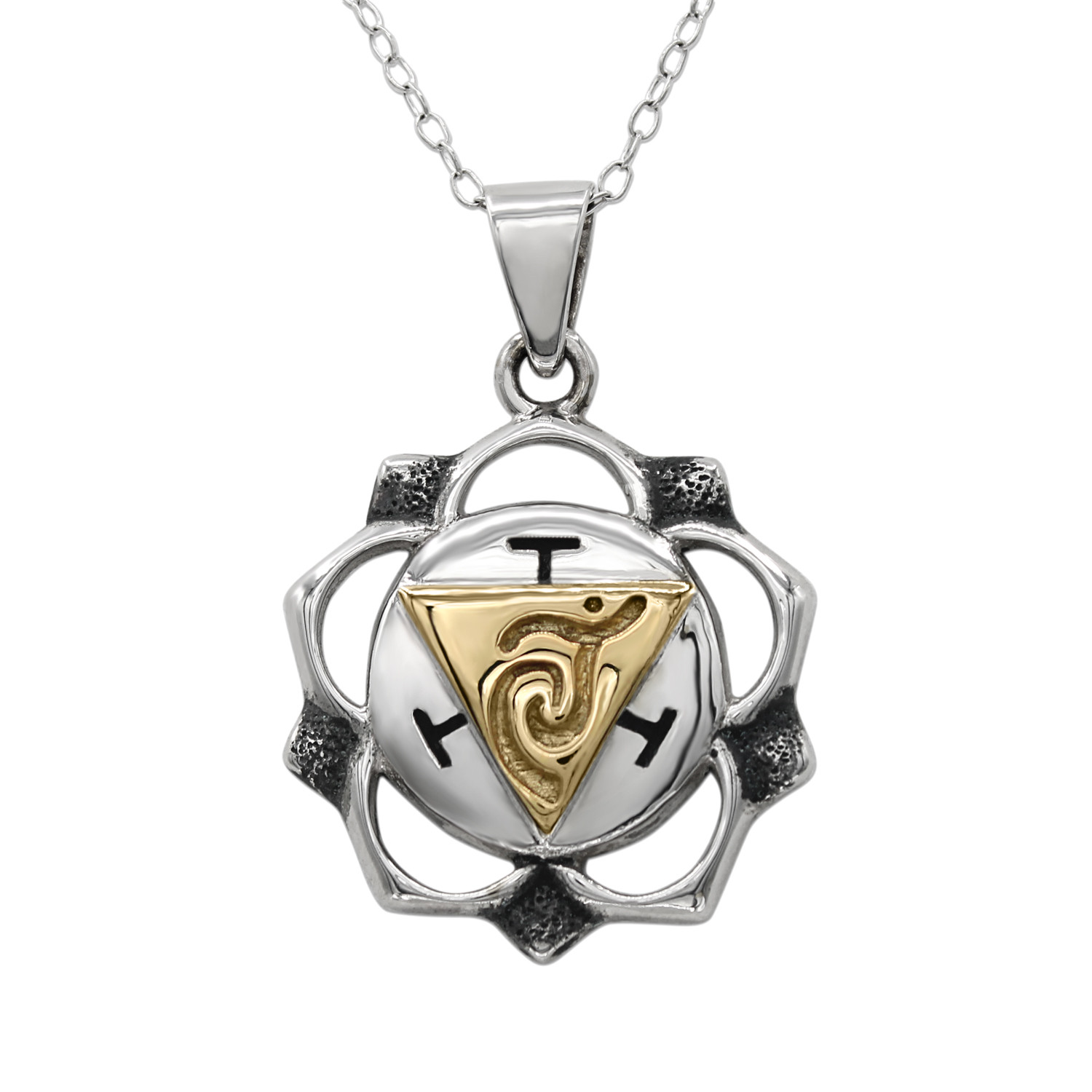 Solar Plexus Chakra pendant in sterling silver featuring a polished 14k gold vermeil Manipura symbol