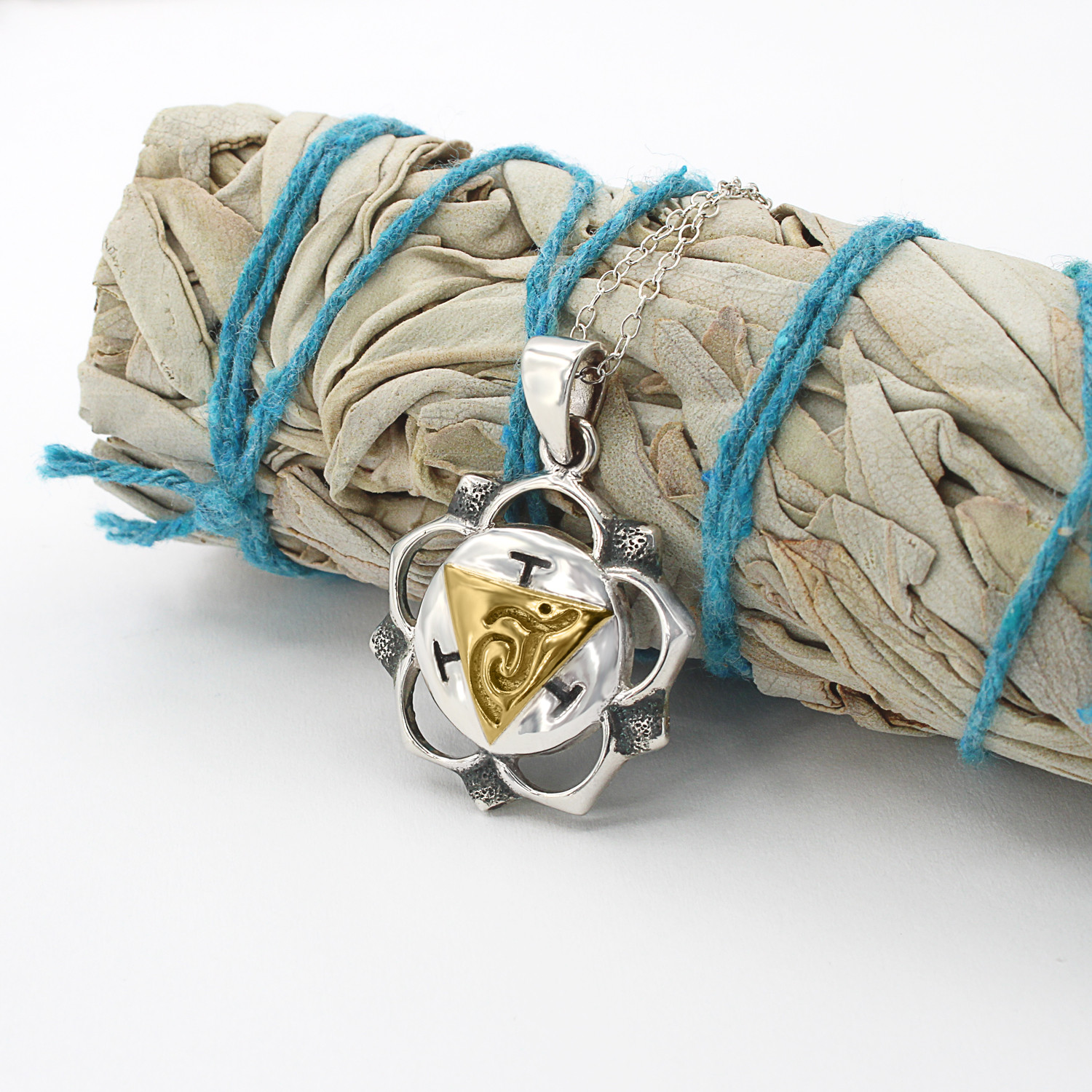 Solar Plexus Chakra jewelry in sterling silver with a textured, oxidized finish and a bright 14k gold vermeil center