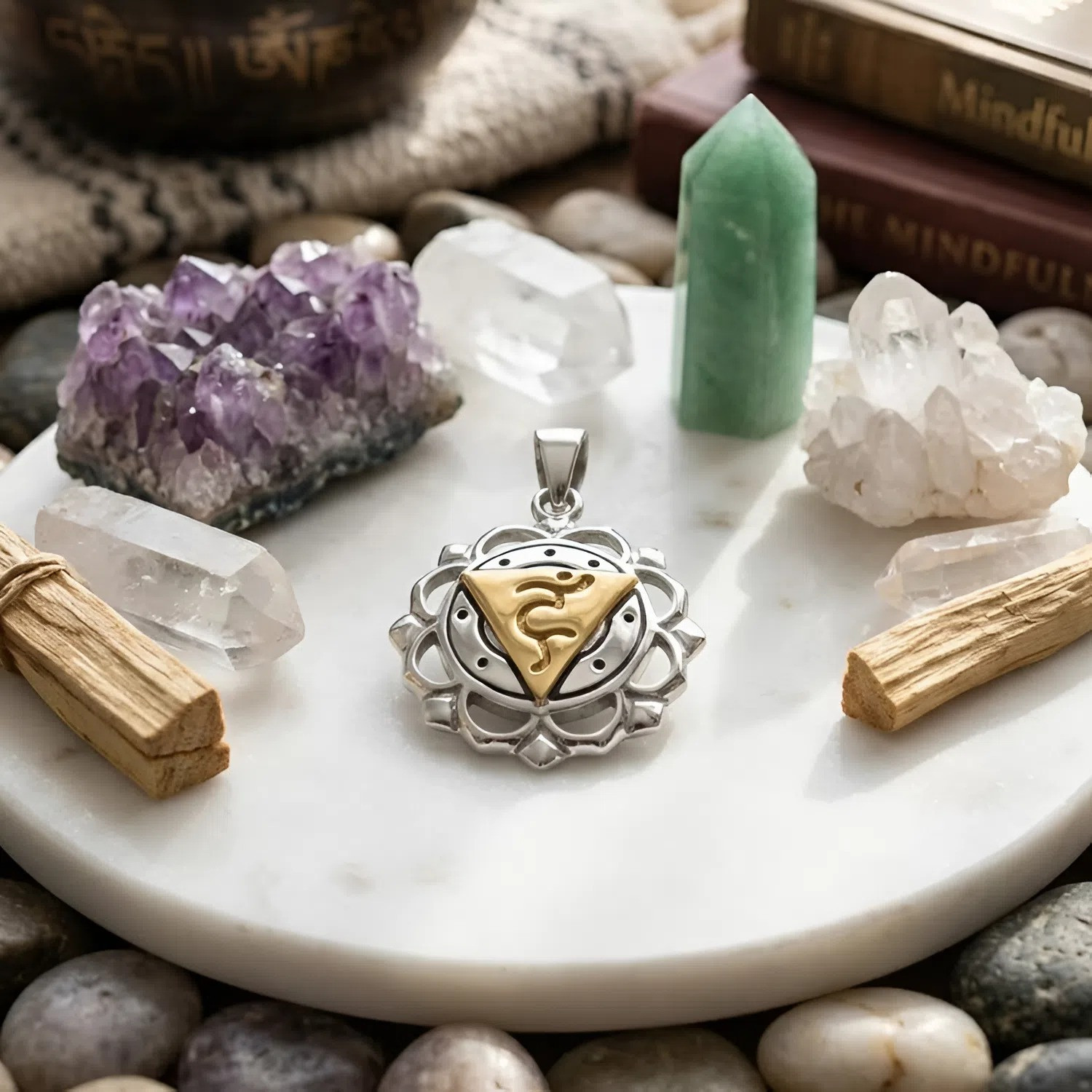 Vishuddha necklace in sterling silver highlighting the detailed, textured oxidation around the golden center